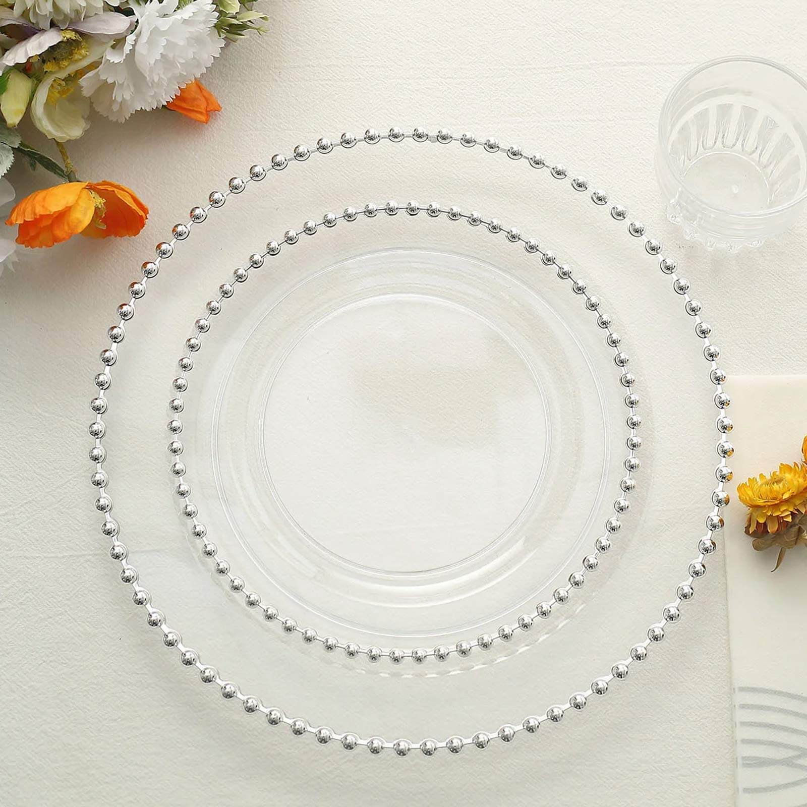 10 Pack Plastic Dessert Appetizer Plates in Clear with Silver Beaded Rim, Disposable Round Salad Party Plates 8"