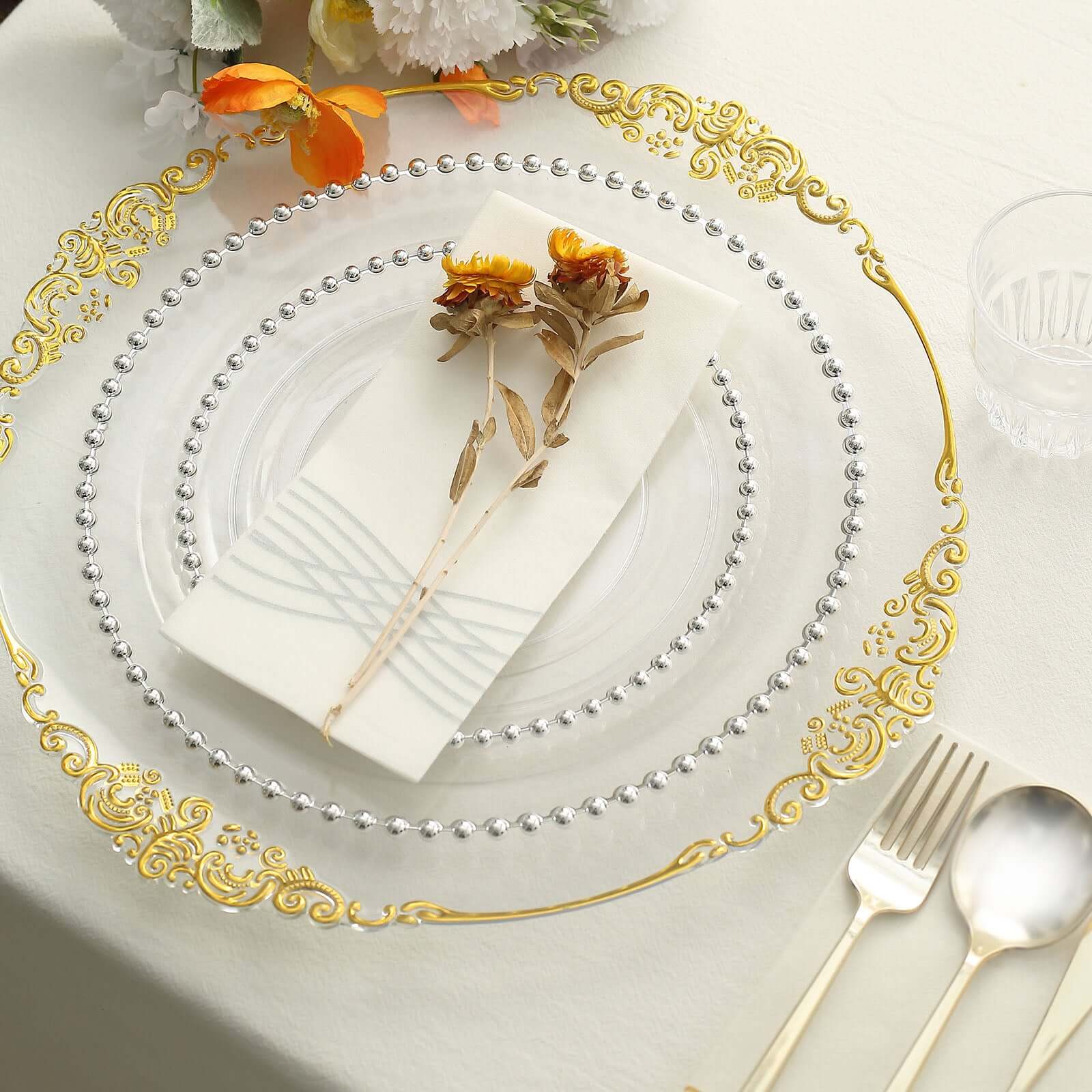 10 Pack Plastic Dessert Appetizer Plates in Clear with Silver Beaded Rim, Disposable Round Salad Party Plates 8" - Image 6
