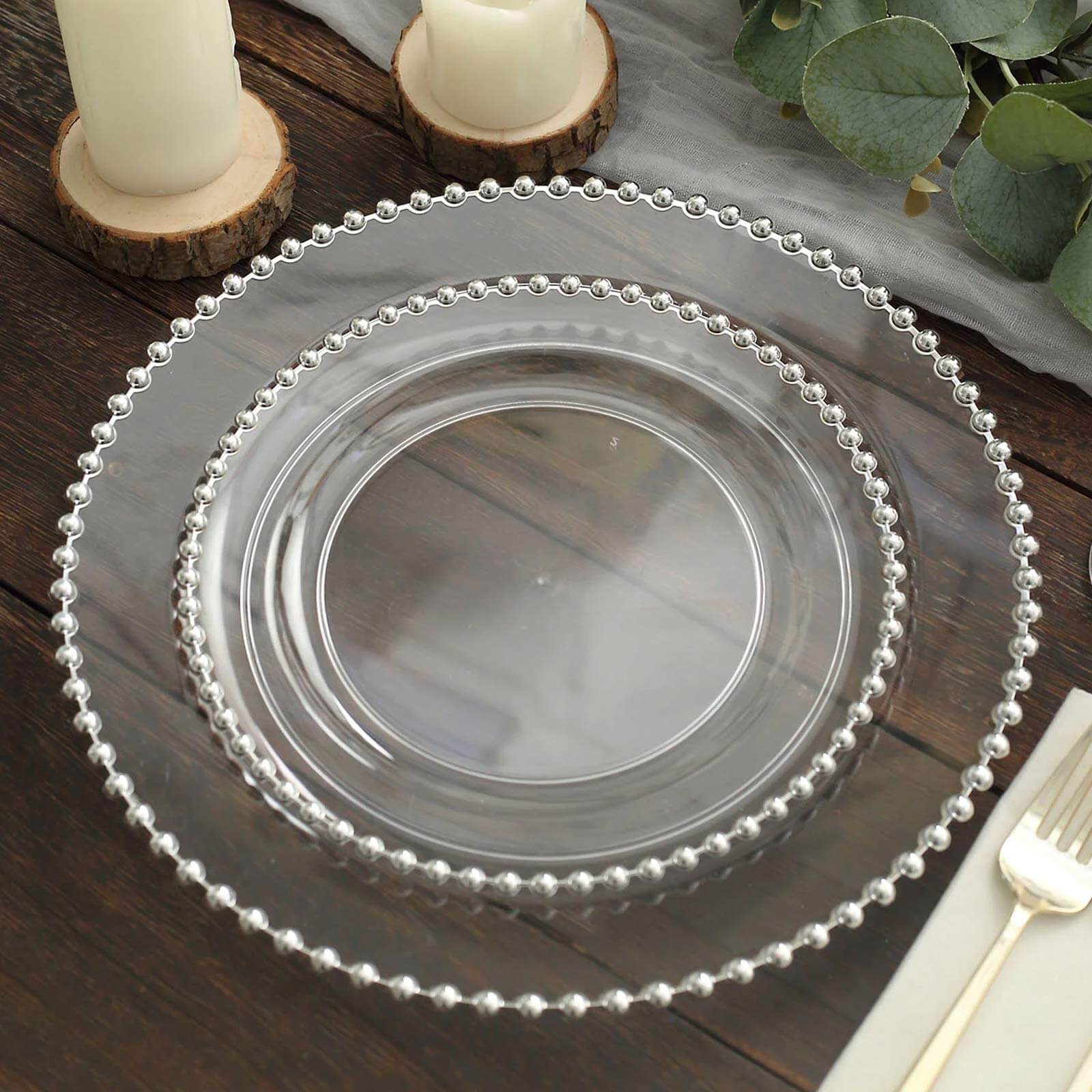 10 Pack Plastic Dessert Appetizer Plates in Clear with Silver Beaded Rim, Disposable Round Salad Party Plates 8" - Image 8