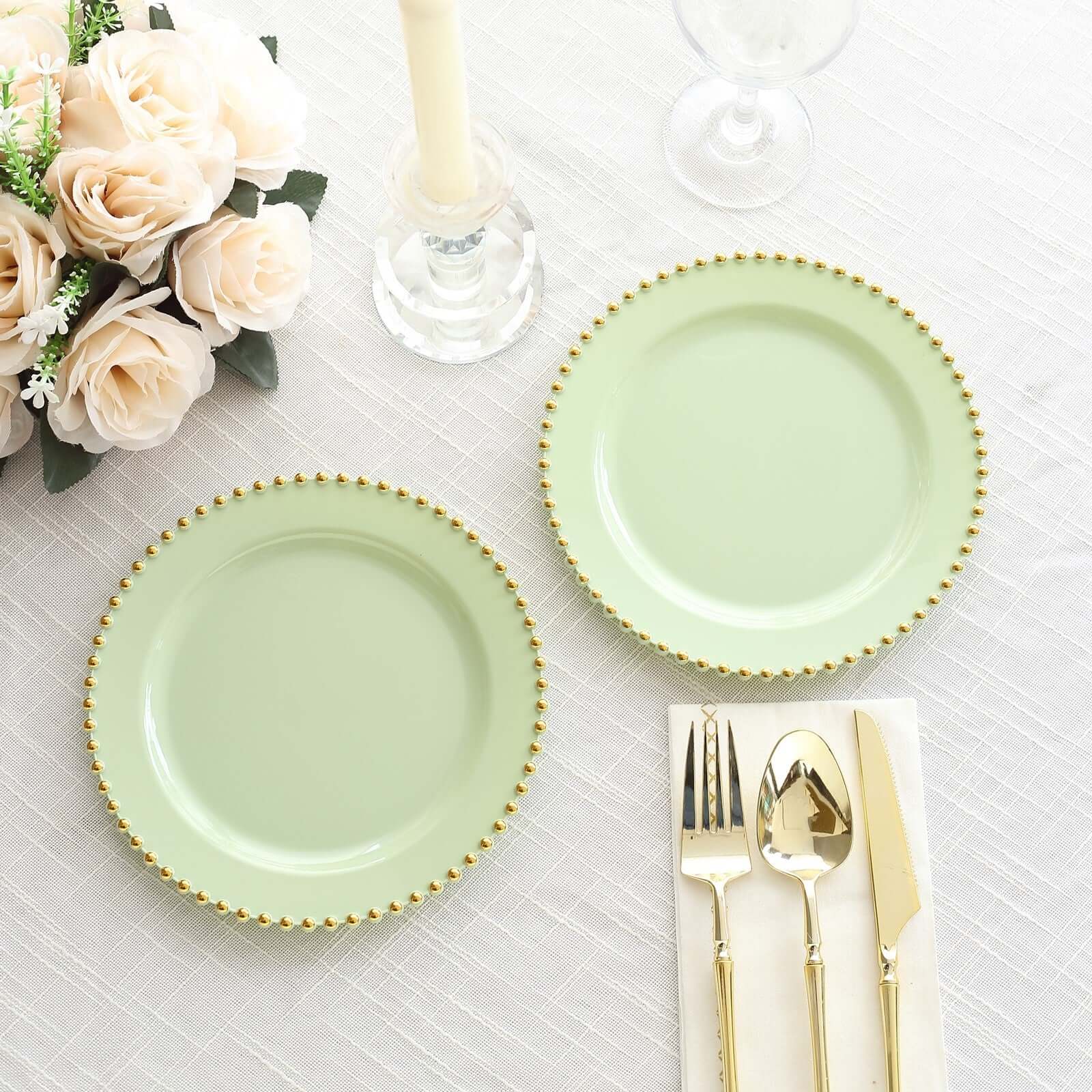 10 Pack Plastic Dessert Appetizer Plates in Sage Green with Gold Beaded Rim, Disposable Round Salad Party Plates 8" - Image 10
