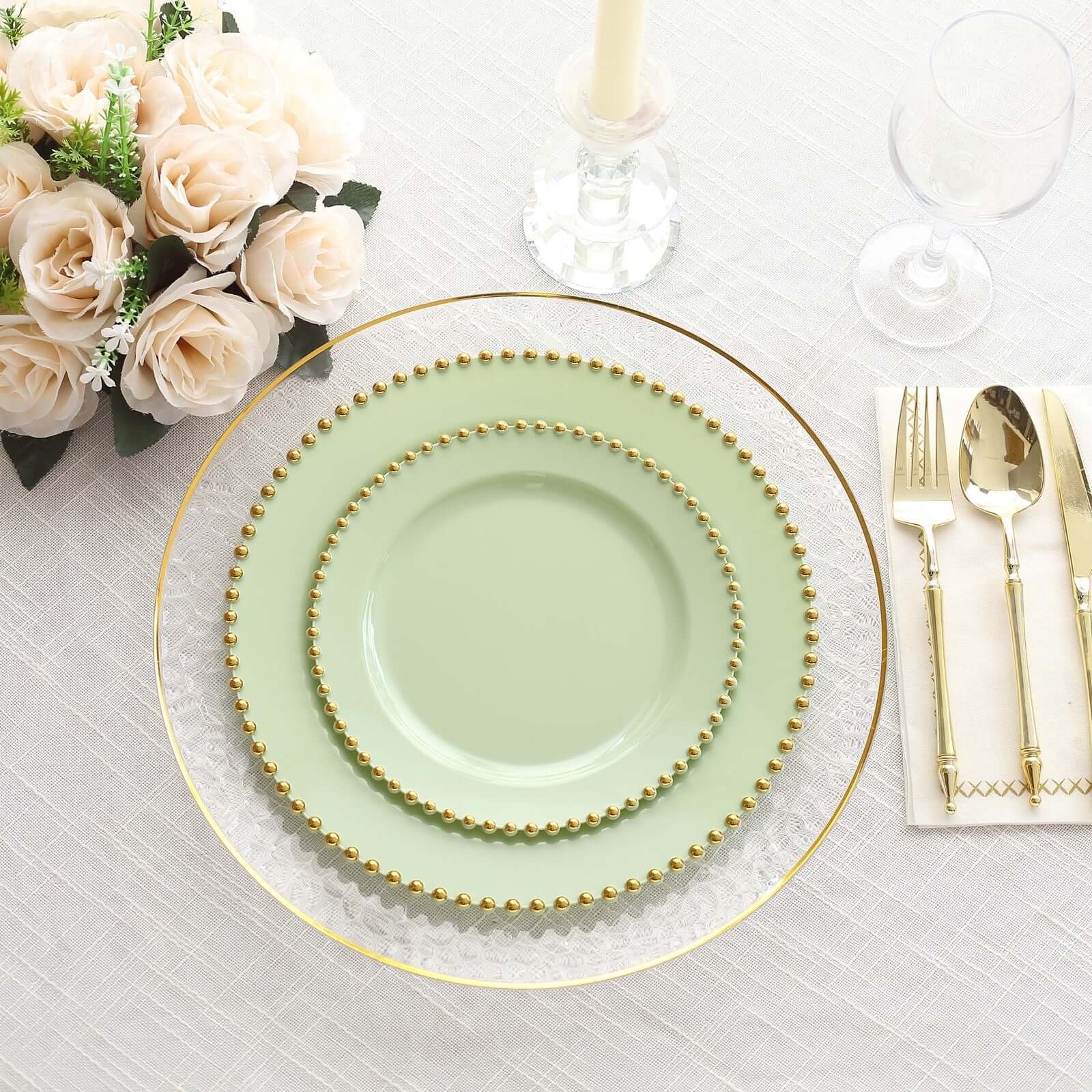 10 Pack Plastic Dessert Appetizer Plates in Sage Green with Gold Beaded Rim, Disposable Round Salad Party Plates 8" - Image 2