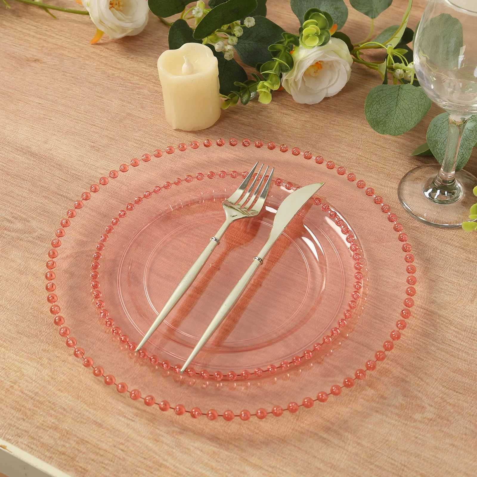 10-Pack Plastic Dessert Appetizer Plates in Transparent Blush with Beaded Rim, Disposable Round Salad Party Plates 8" - Image 9