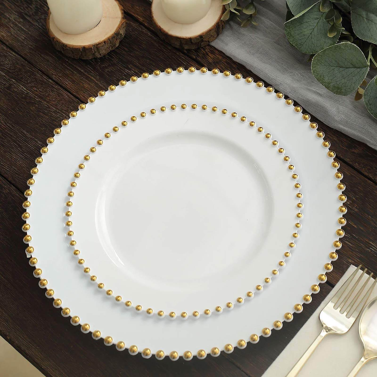 10 Pack Plastic Dessert Appetizer Plates in White with Gold Beaded Rim, Disposable Round Salad Party Plates 8" - Image 8
