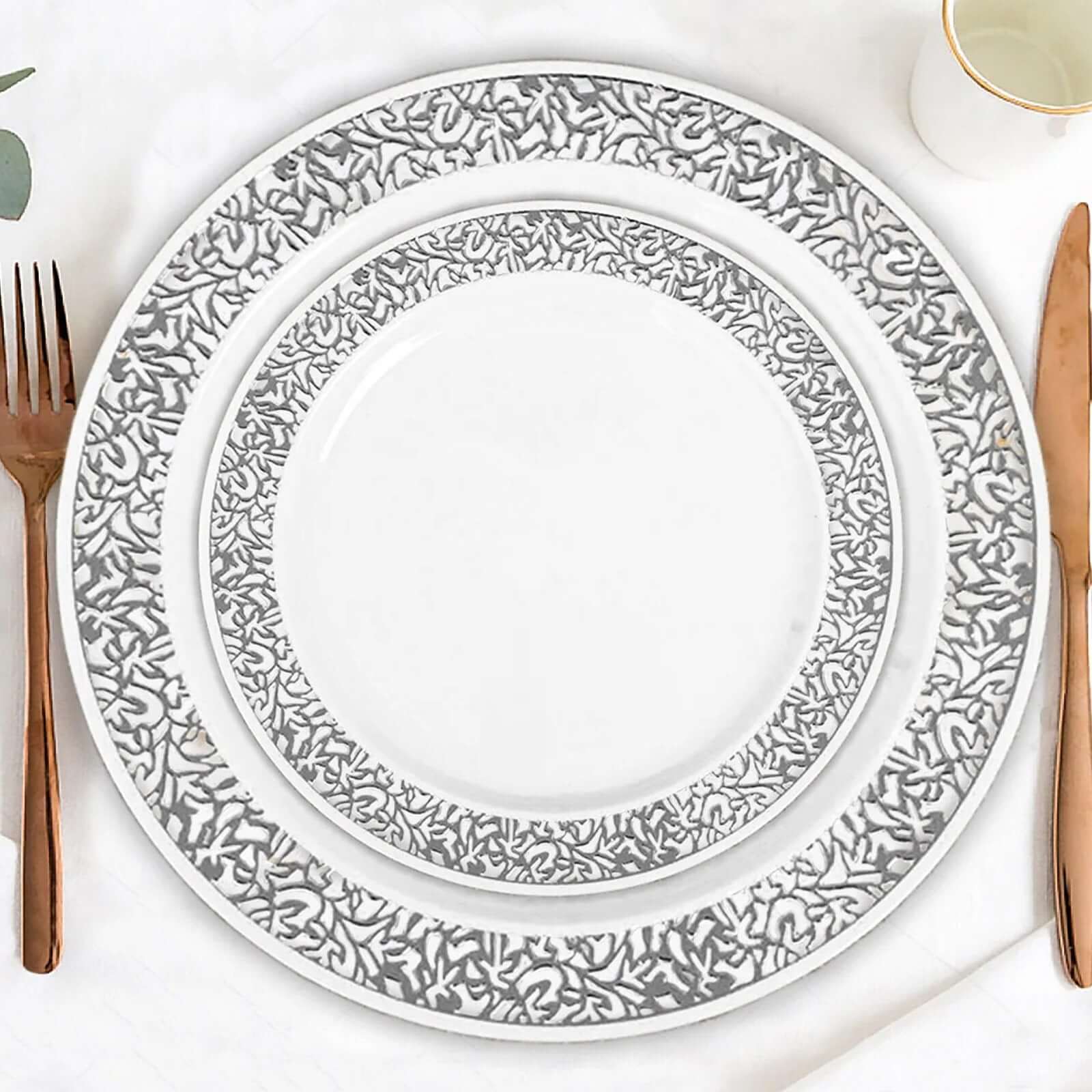 10-Pack Plastic Dessert Plates 6" Lace Rim Design White with Silver - Disposable Appetizer and Salad Plates