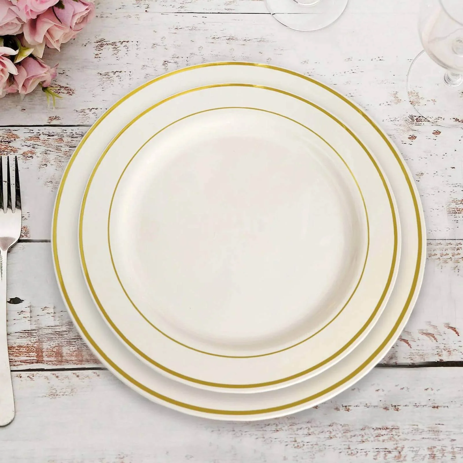 10-Pack Plastic Dessert Plates 8" Ivory with Très Chic Gold Rim - Durable Disposable Salad Plates