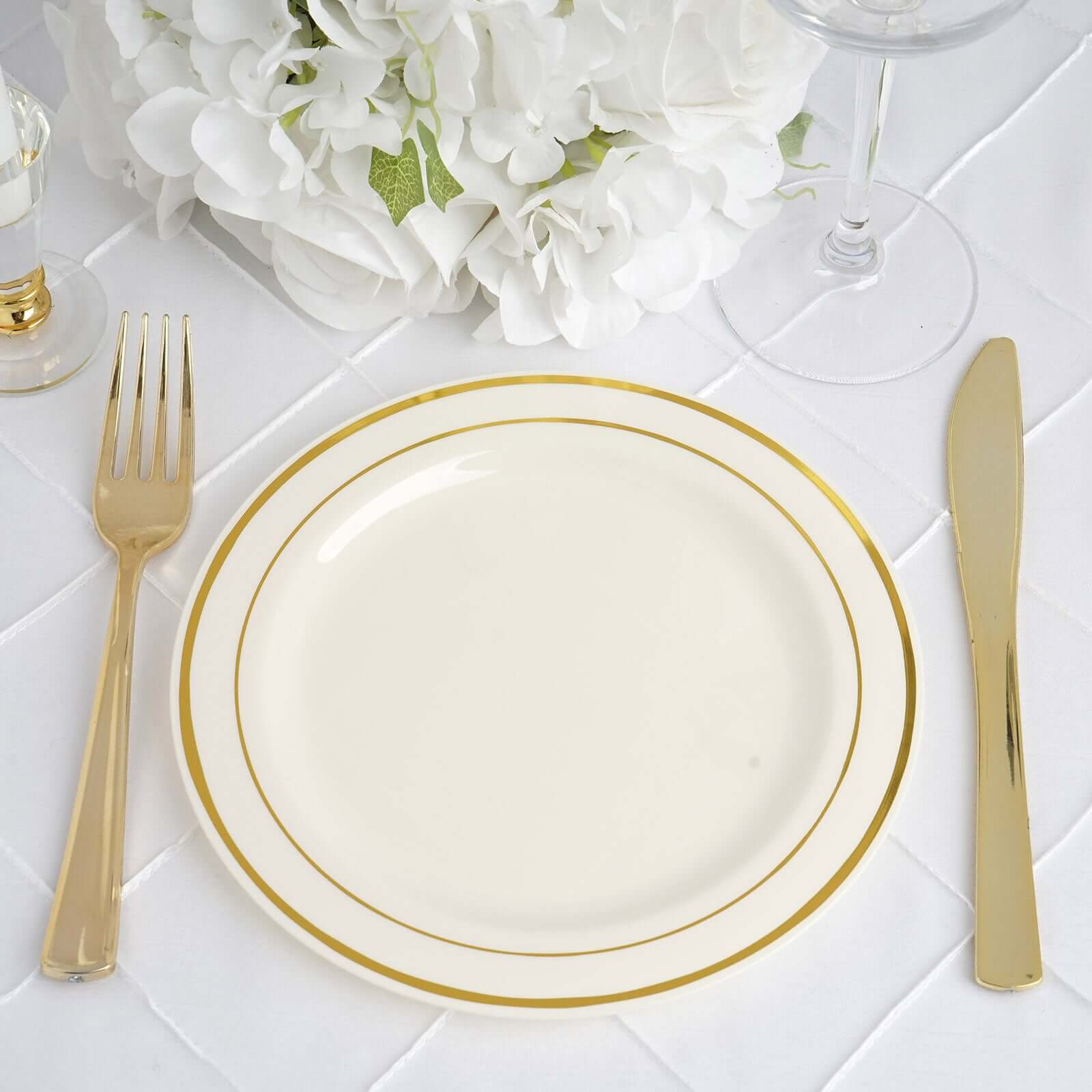 10-Pack Plastic Dessert Plates 8" Ivory with Très Chic Gold Rim - Durable Disposable Salad Plates - Image 6
