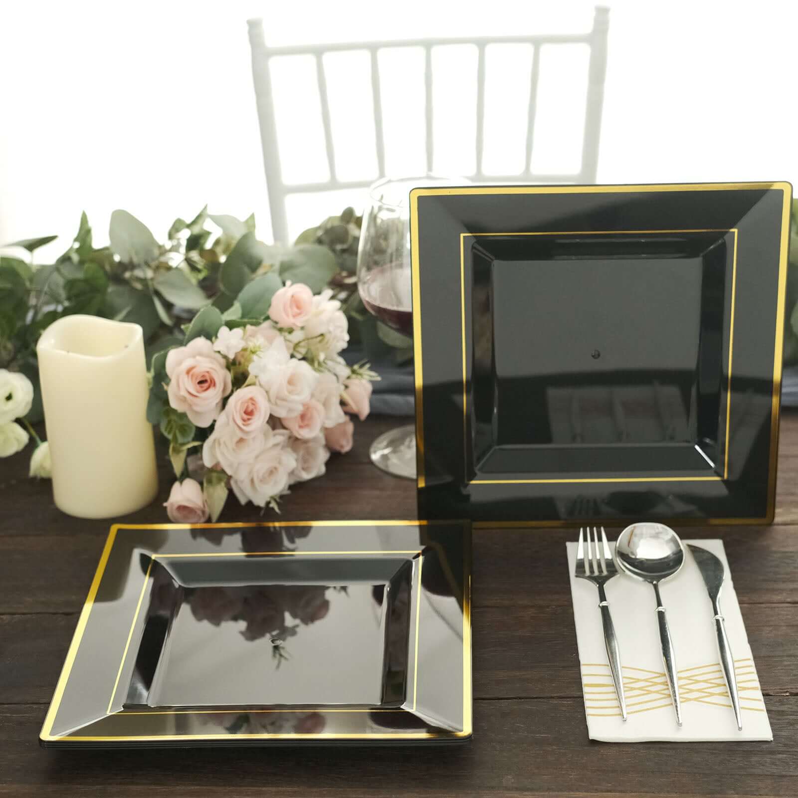10-Pack Plastic Dinner Plates 10" Black Square with Gold Trim - Stylish Disposable Party Plates - Image 13