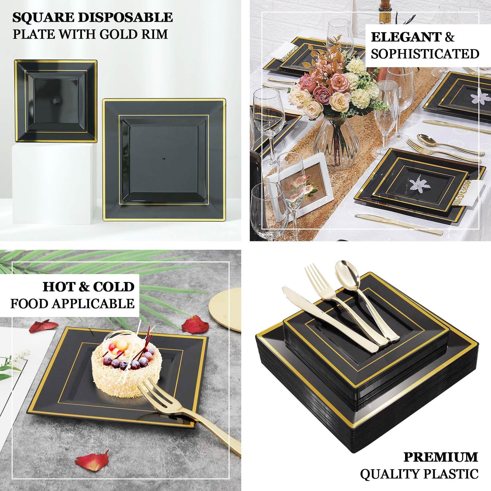 10-Pack Plastic Dinner Plates 10" Black Square with Gold Trim - Stylish Disposable Party Plates - Image 4