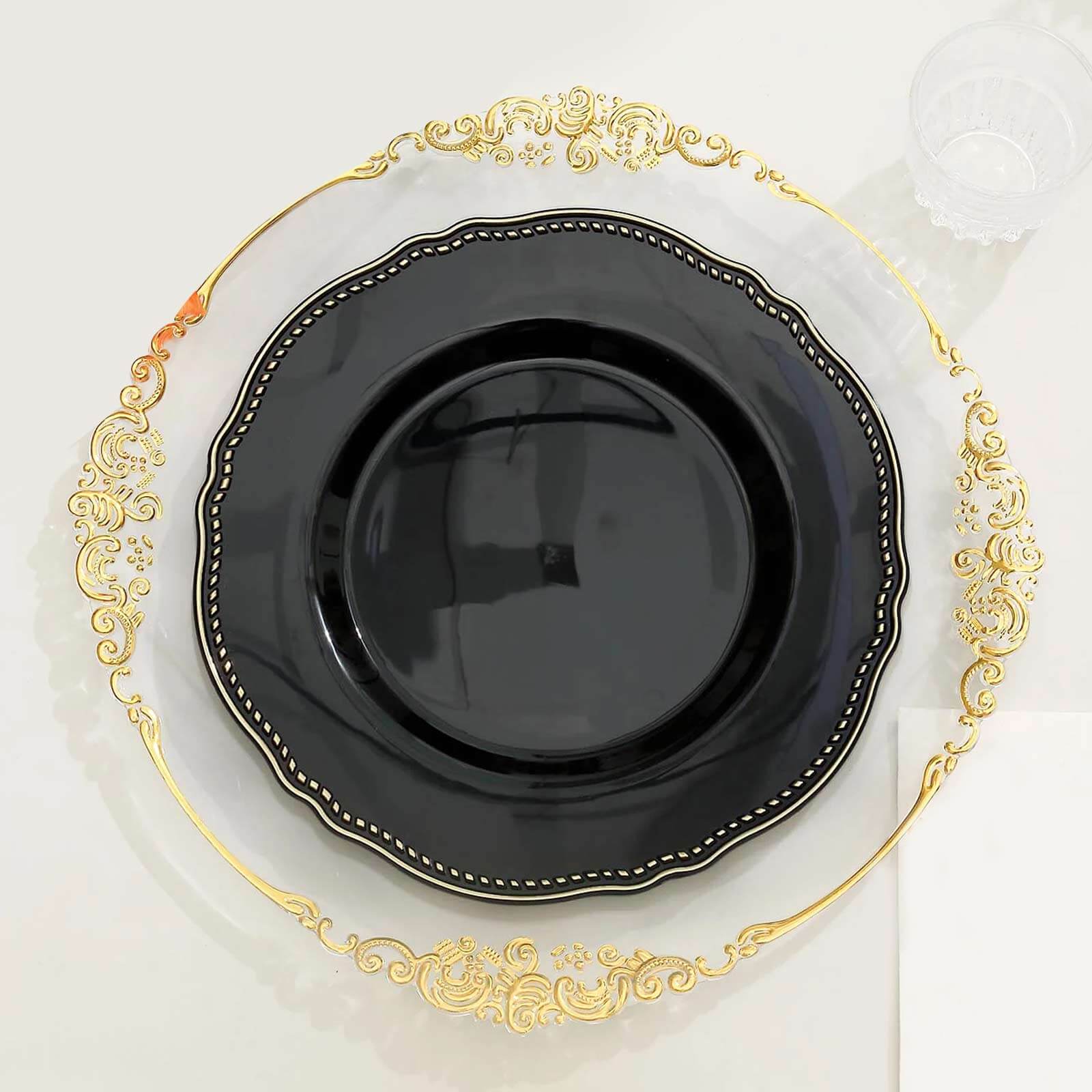10-Pack Plastic Dinner Plates 10" Black with Gold Scalloped Rim - Large Disposable Party Plates - Image 2