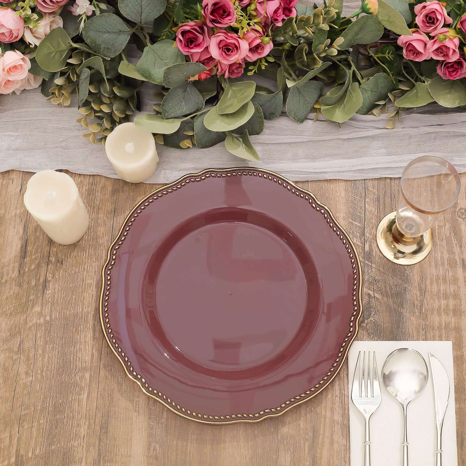 10-Pack Plastic Dinner Plates 10" Cinnamon Rose with Gold Scalloped Rim - Large Disposable Party Plates - Image 10