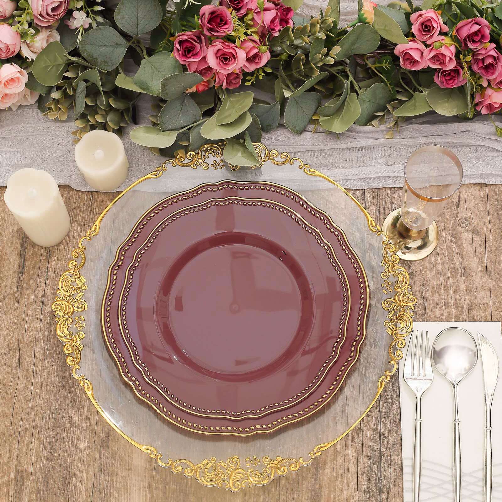 10-Pack Plastic Dinner Plates 10" Cinnamon Rose with Gold Scalloped Rim - Large Disposable Party Plates - Image 5