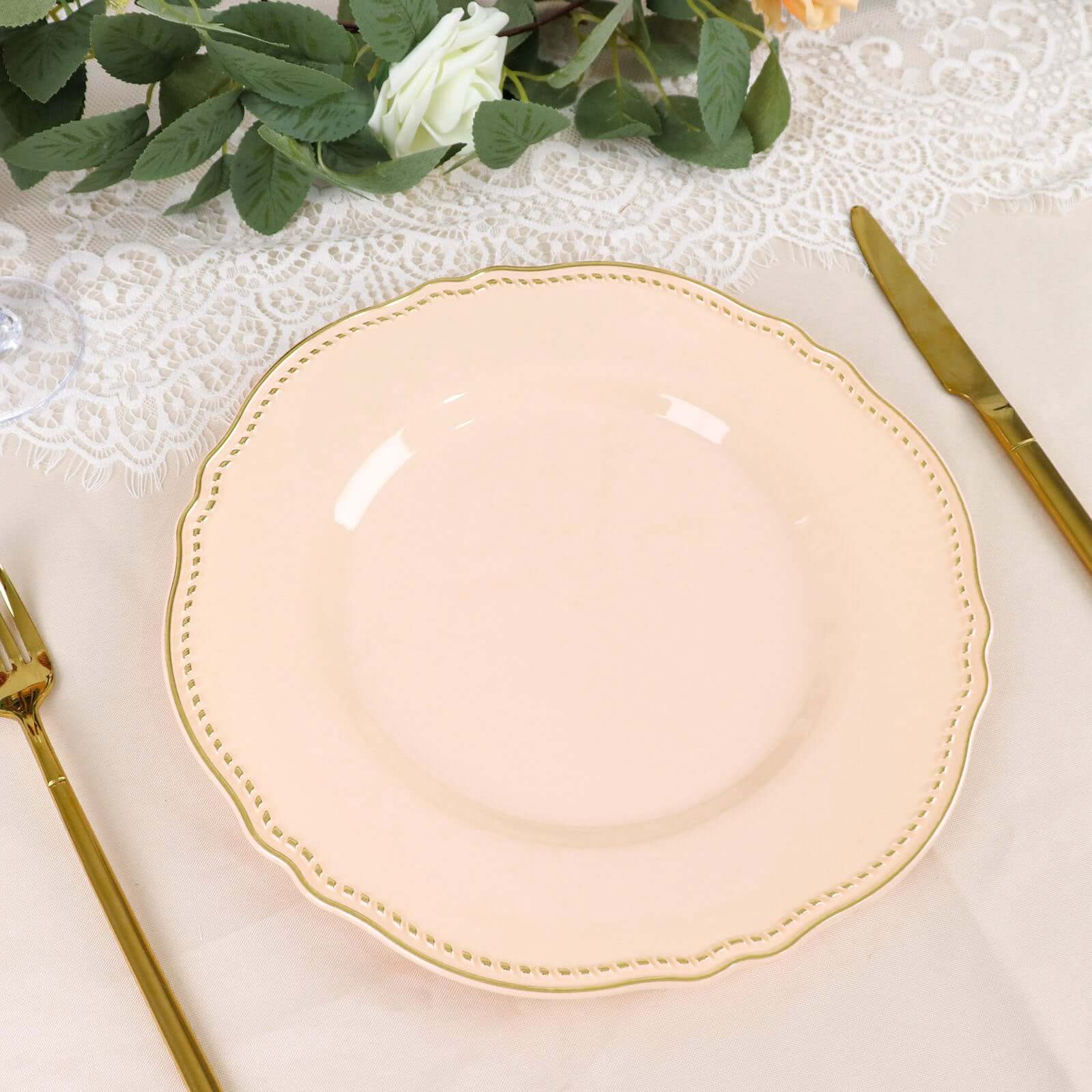 10-Pack Plastic Dinner Plates 10" Nude with Gold Scalloped Rim - Large Disposable Party Plates - Image 13