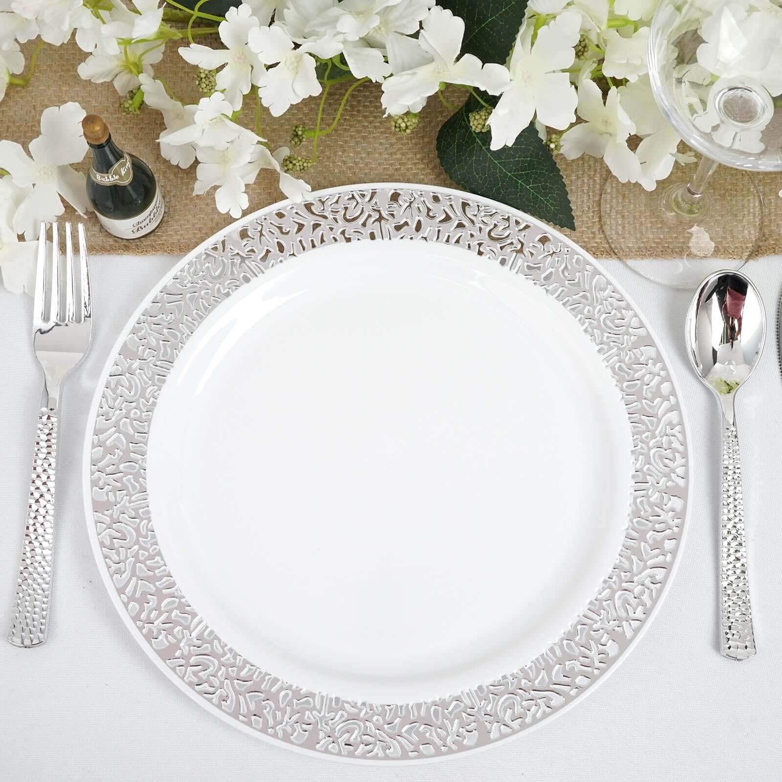 10-Pack Plastic Dinner Plates 10" White with Fancy Silver Lace Rim - Disposable Party Plates for Special Occasions - Image 6