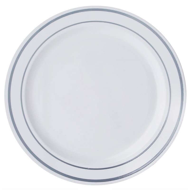 10-Pack Plastic Dinner Plates 10" White with Très Chic Silver Rim - Stylish Disposable Plates for Events - Image 6