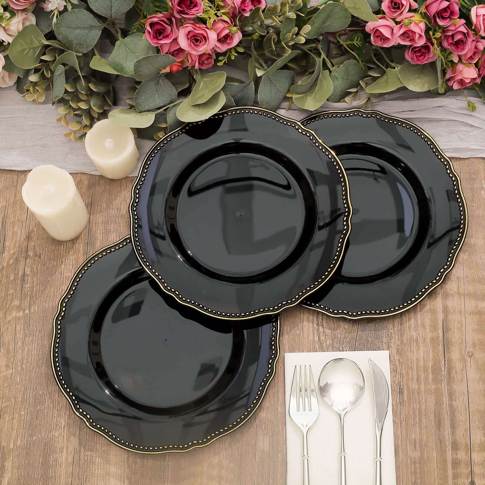 10-Pack Plastic Dinner Plates 9" Black with Gold Scalloped Rim - Disposable Party Plates - Image 11