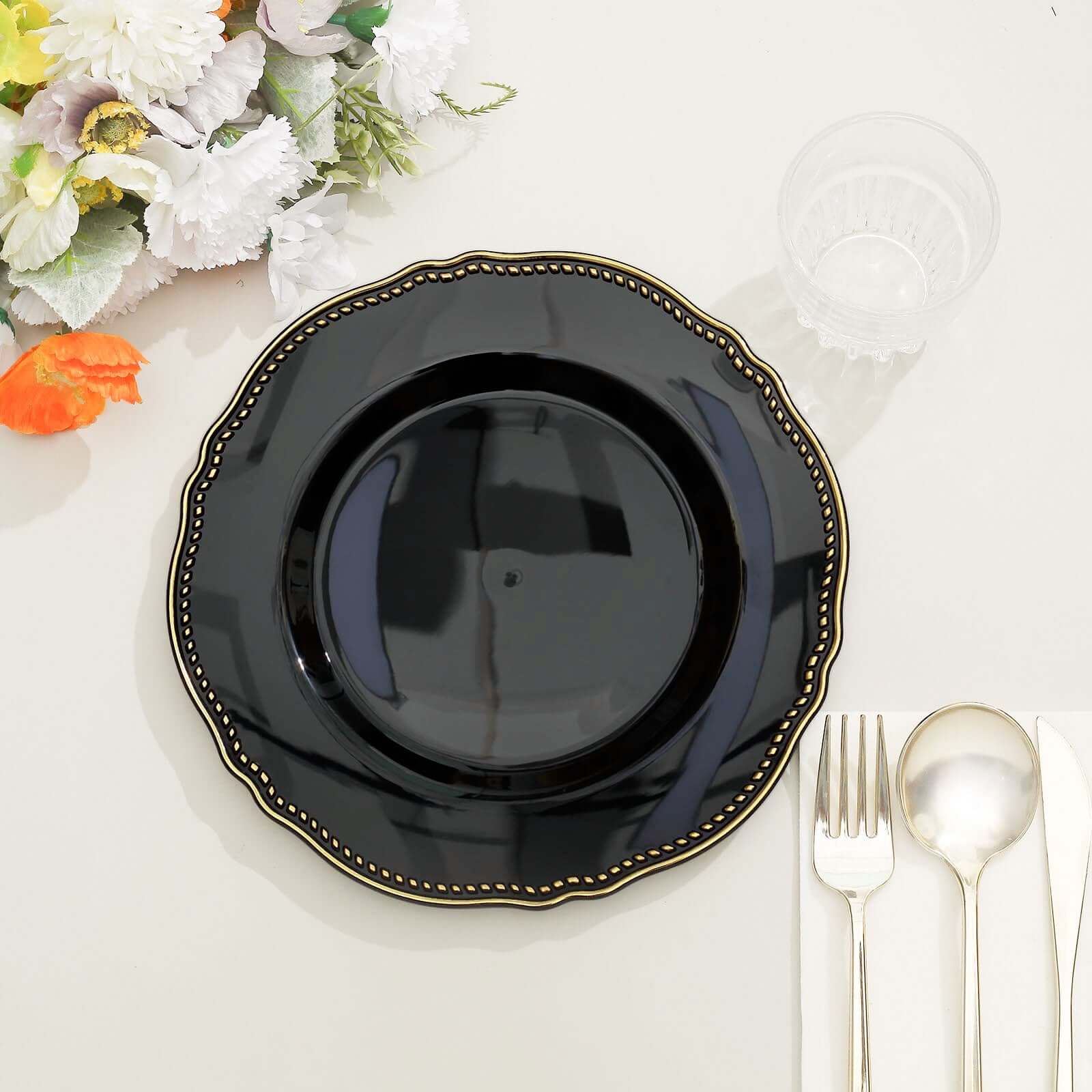 10-Pack Plastic Dinner Plates 9" Black with Gold Scalloped Rim - Disposable Party Plates - Image 13