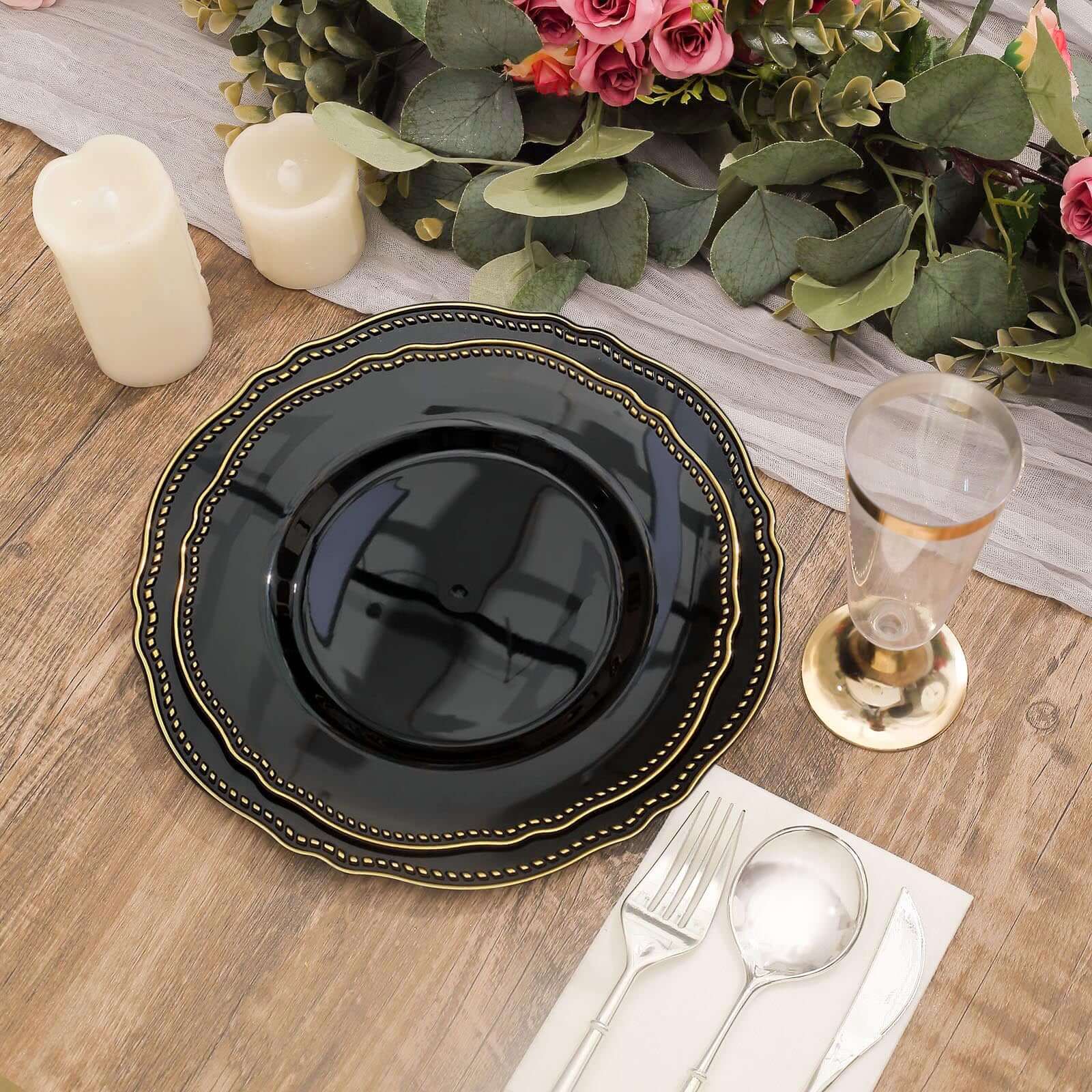 10-Pack Plastic Dinner Plates 9" Black with Gold Scalloped Rim - Disposable Party Plates - Image 2