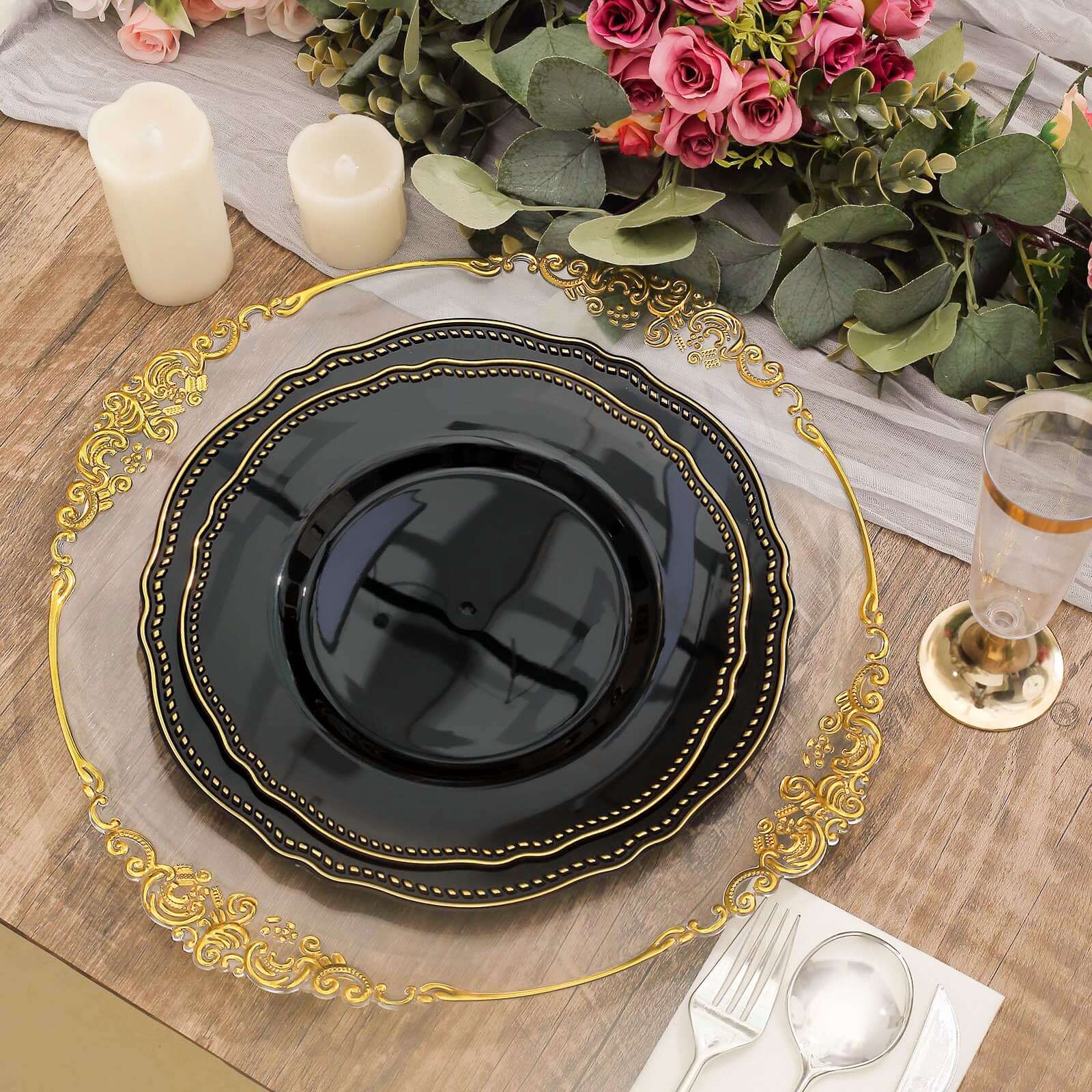 10-Pack Plastic Dinner Plates 9" Black with Gold Scalloped Rim - Disposable Party Plates - Image 5