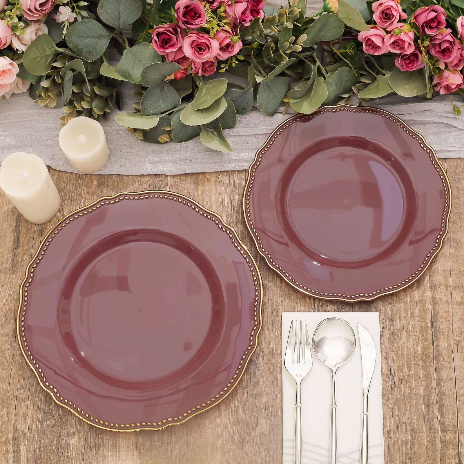 10-Pack Plastic Dinner Plates 9" Cinnamon Rose with Gold Scalloped Rim - Disposable Party Plates - Image 10