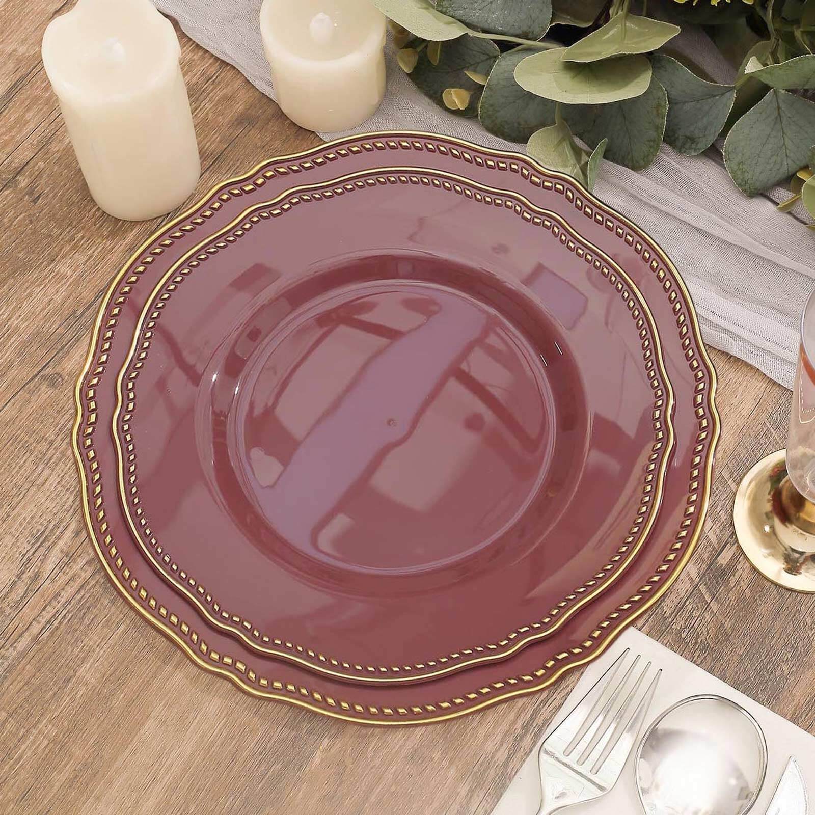 10-Pack Plastic Dinner Plates 9" Cinnamon Rose with Gold Scalloped Rim - Disposable Party Plates - Image 6