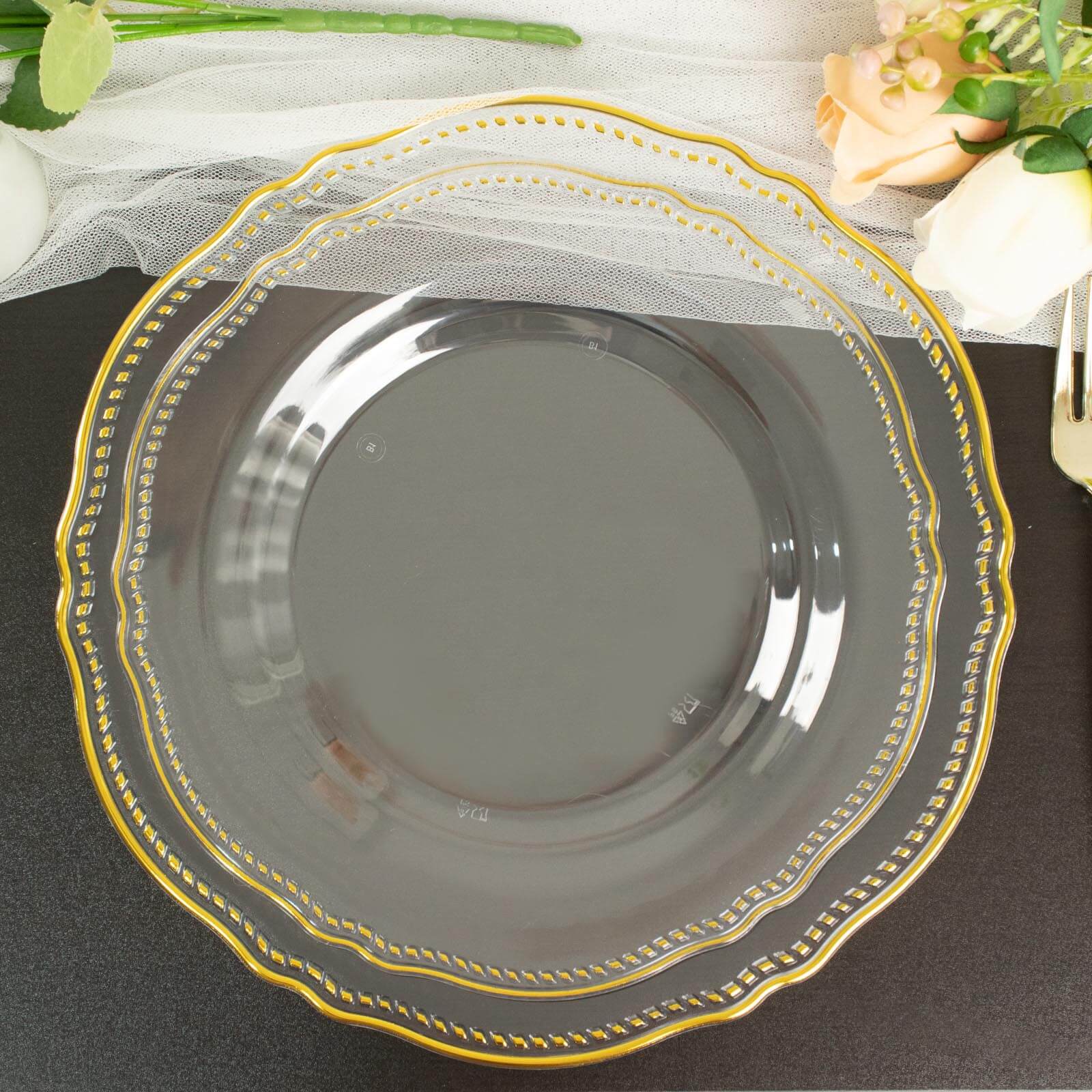 10-Pack Plastic Dinner Plates 9" Clear with Gold Scalloped Rim - Disposable Party Plates - Image 5