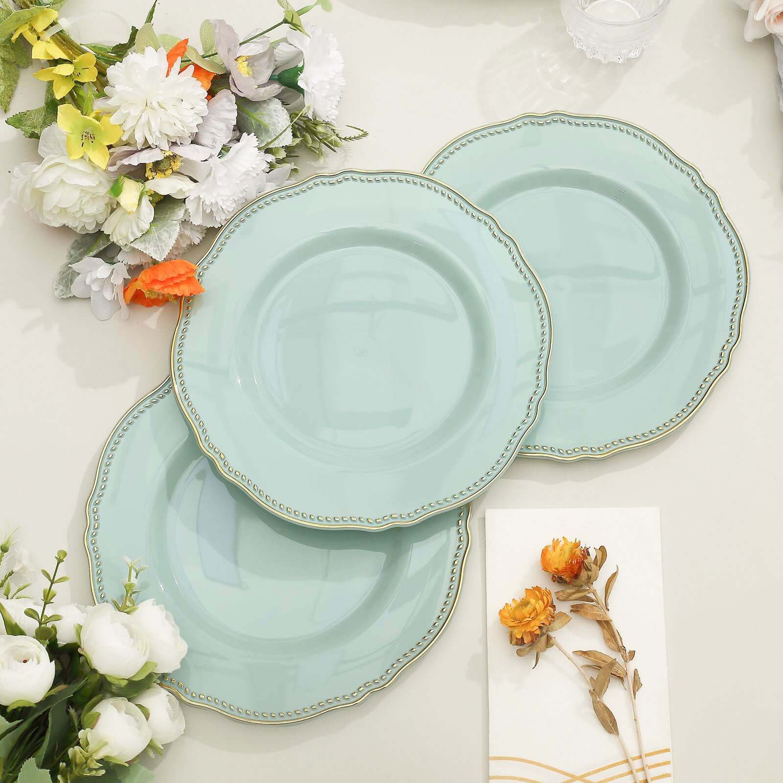 10-Pack Plastic Dinner Plates 9" Jade with Gold Scalloped Rim - Disposable Party Plates - Image 10