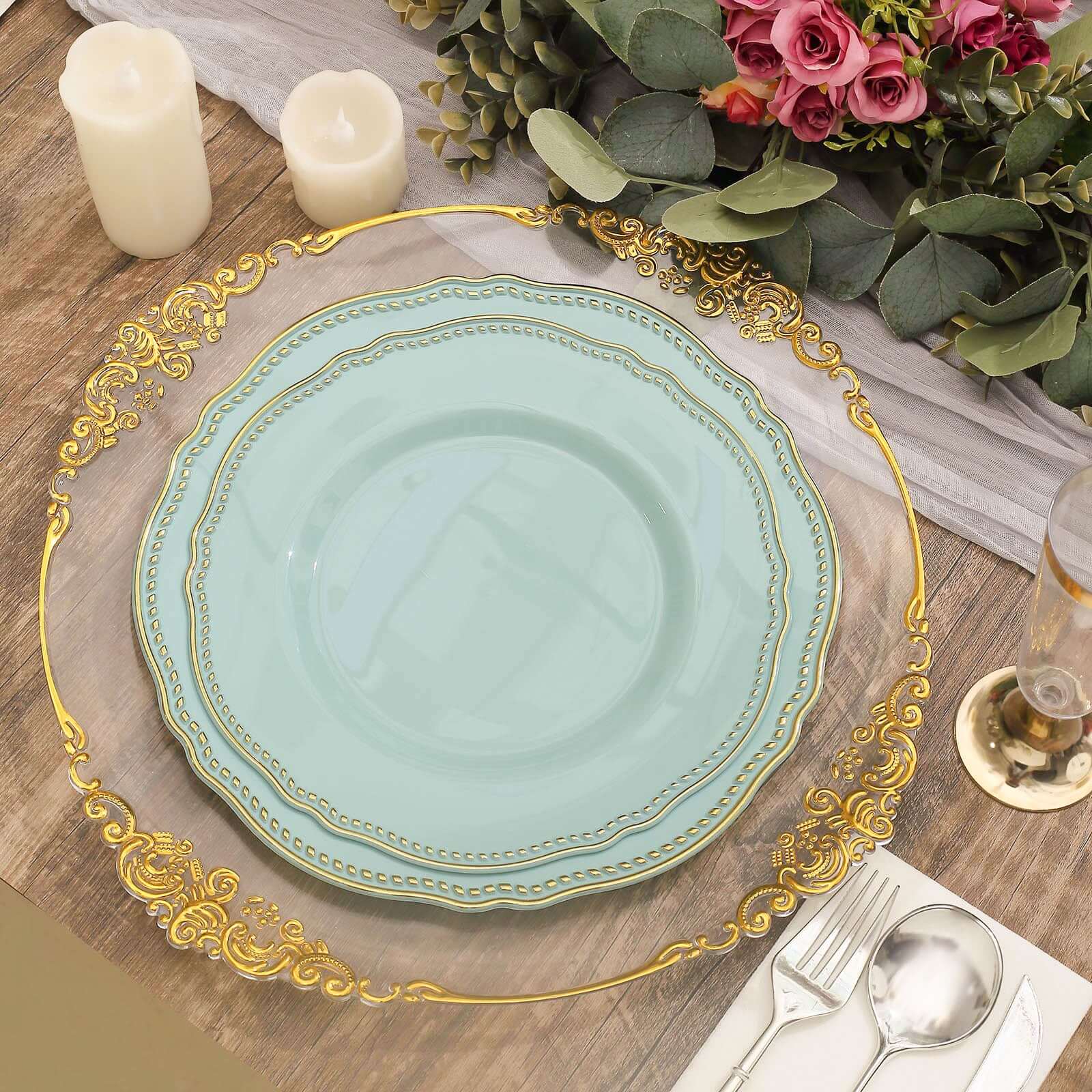 10-Pack Plastic Dinner Plates 9" Jade with Gold Scalloped Rim - Disposable Party Plates - Image 2