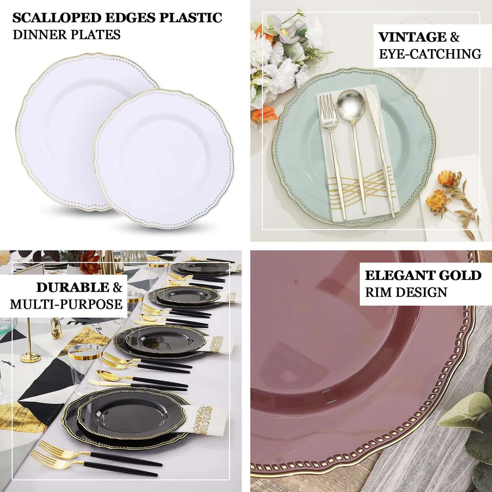 10-Pack Plastic Dinner Plates 9" Jade with Gold Scalloped Rim - Disposable Party Plates - Image 4
