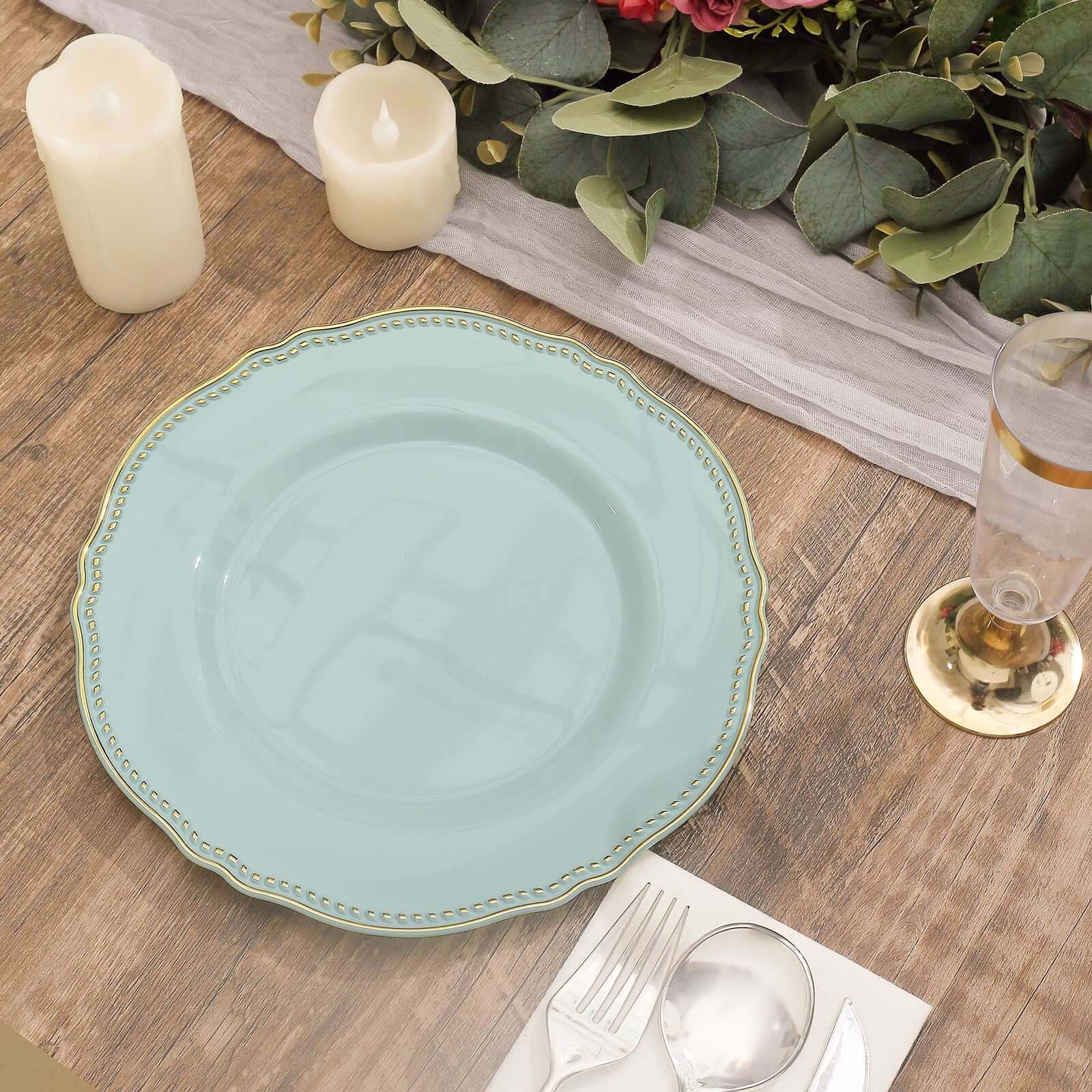 10-Pack Plastic Dinner Plates 9" Jade with Gold Scalloped Rim - Disposable Party Plates - Image 6
