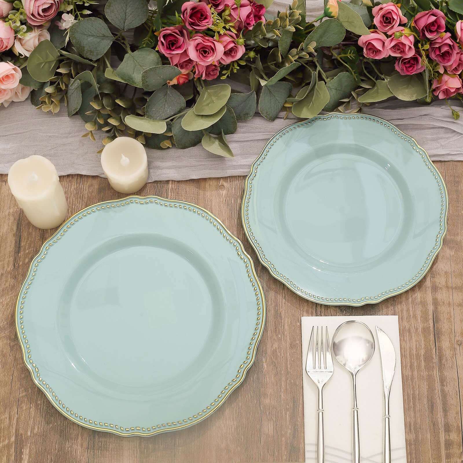 10-Pack Plastic Dinner Plates 9" Jade with Gold Scalloped Rim - Disposable Party Plates - Image 9