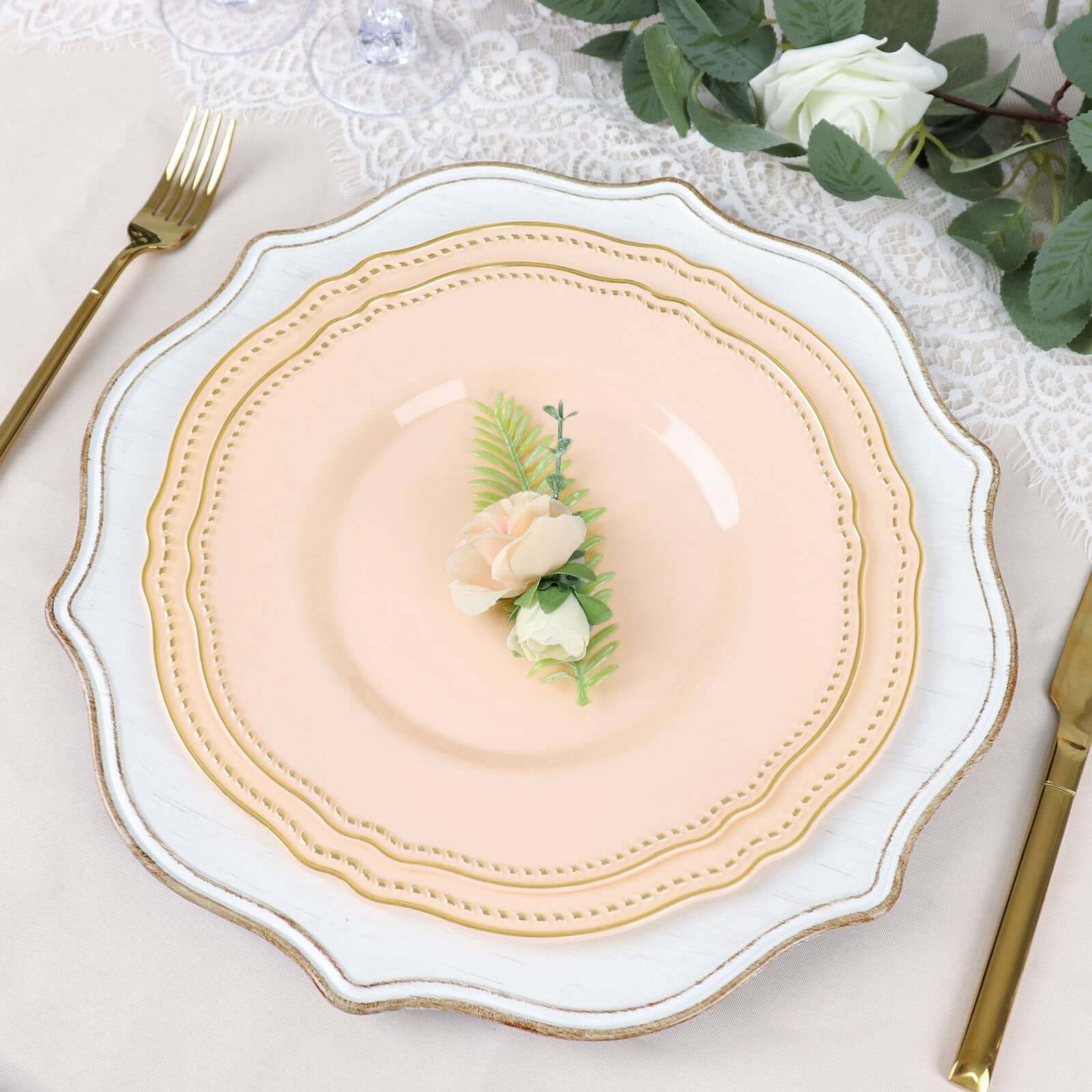 10-Pack Plastic Dinner Plates 9" Nude with Gold Scalloped Rim - Disposable Party Plates - Image 2