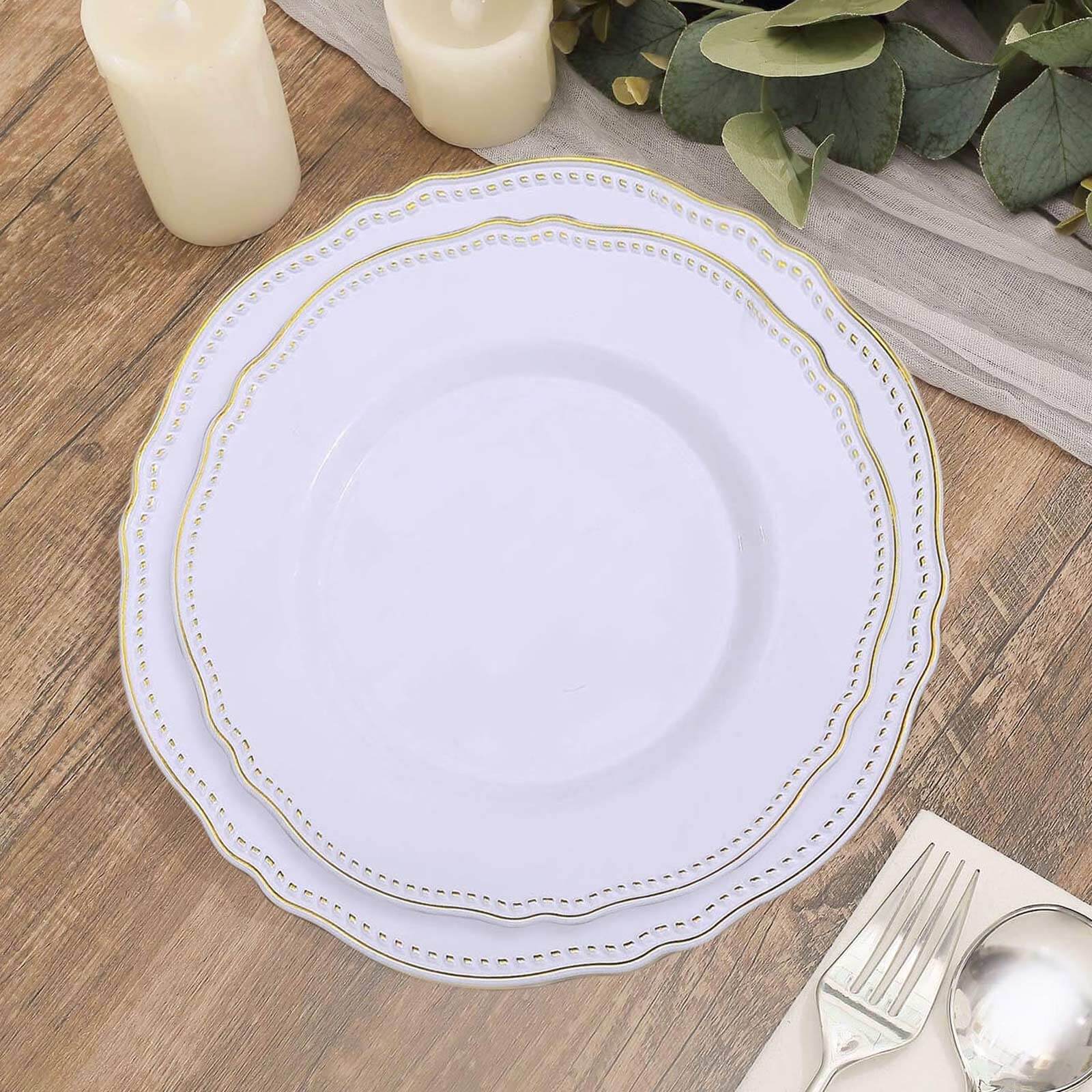 10-Pack Plastic Dinner Plates 9" White with Gold Scalloped Rim - Disposable Party Plates for Classy Buffets & Catered Events - Image 4