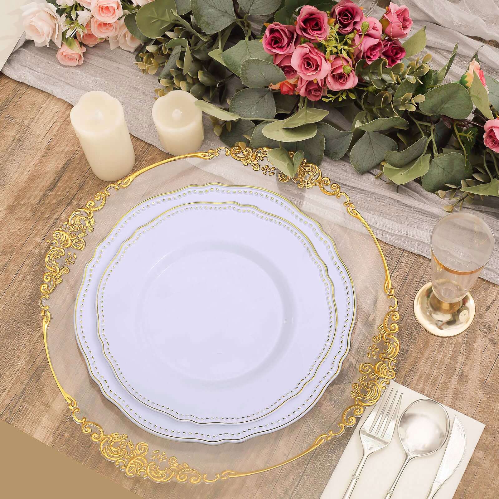 10-Pack Plastic Dinner Plates 9" White with Gold Scalloped Rim - Disposable Party Plates for Classy Buffets & Catered Events - Image 5