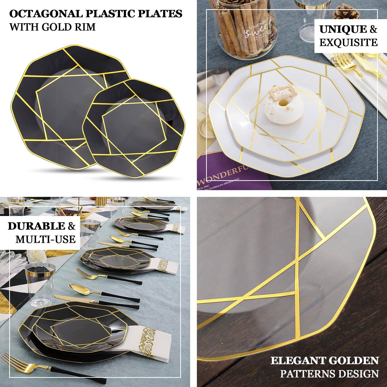 10-Pack Plastic Octagon Dessert Plates 8" Black with Gold Geometric Design - Stylish Disposable Salad/Appetizer Plates - Image 4