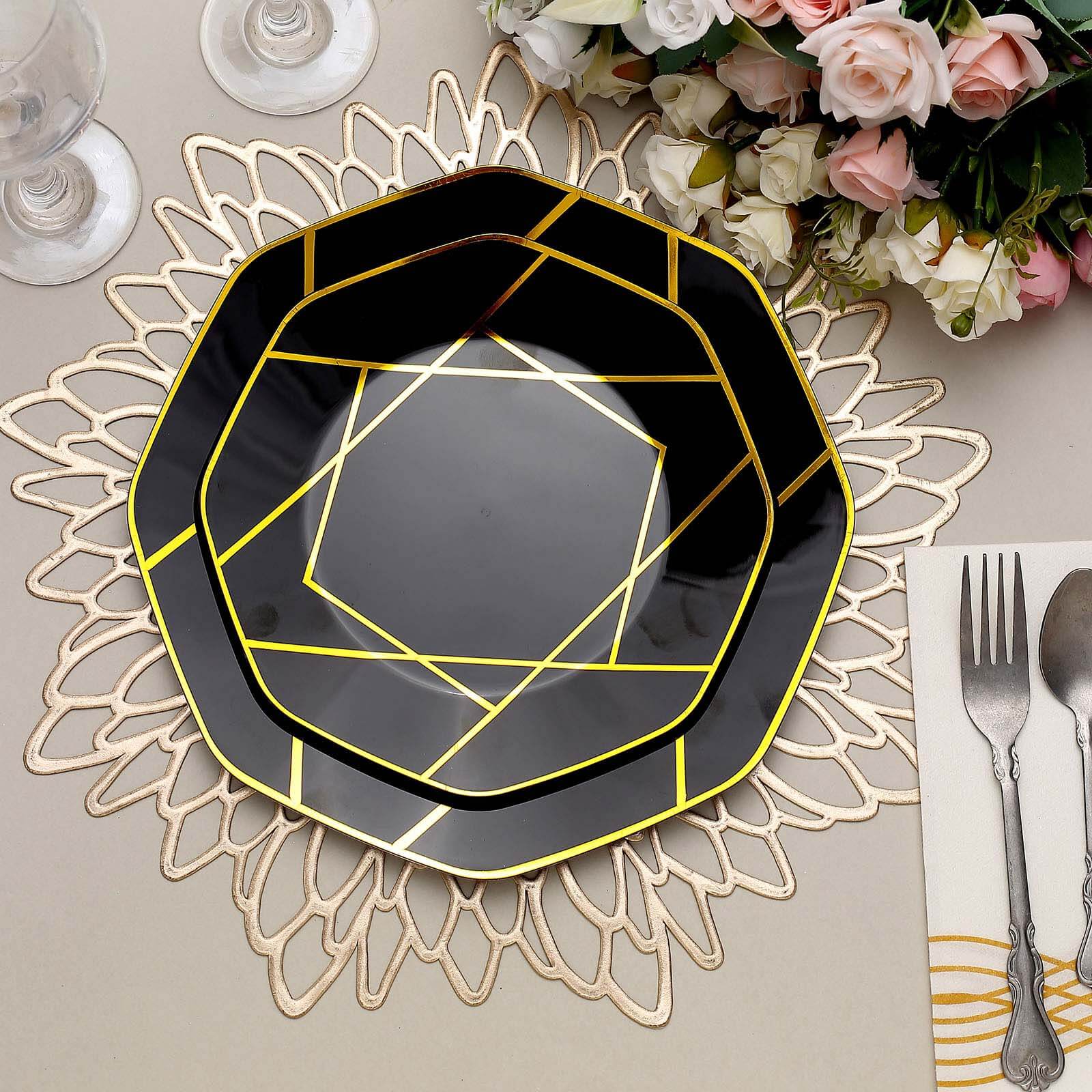 10-Pack Plastic Octagon Dessert Plates 8" Black with Gold Geometric Design - Stylish Disposable Salad/Appetizer Plates - Image 5