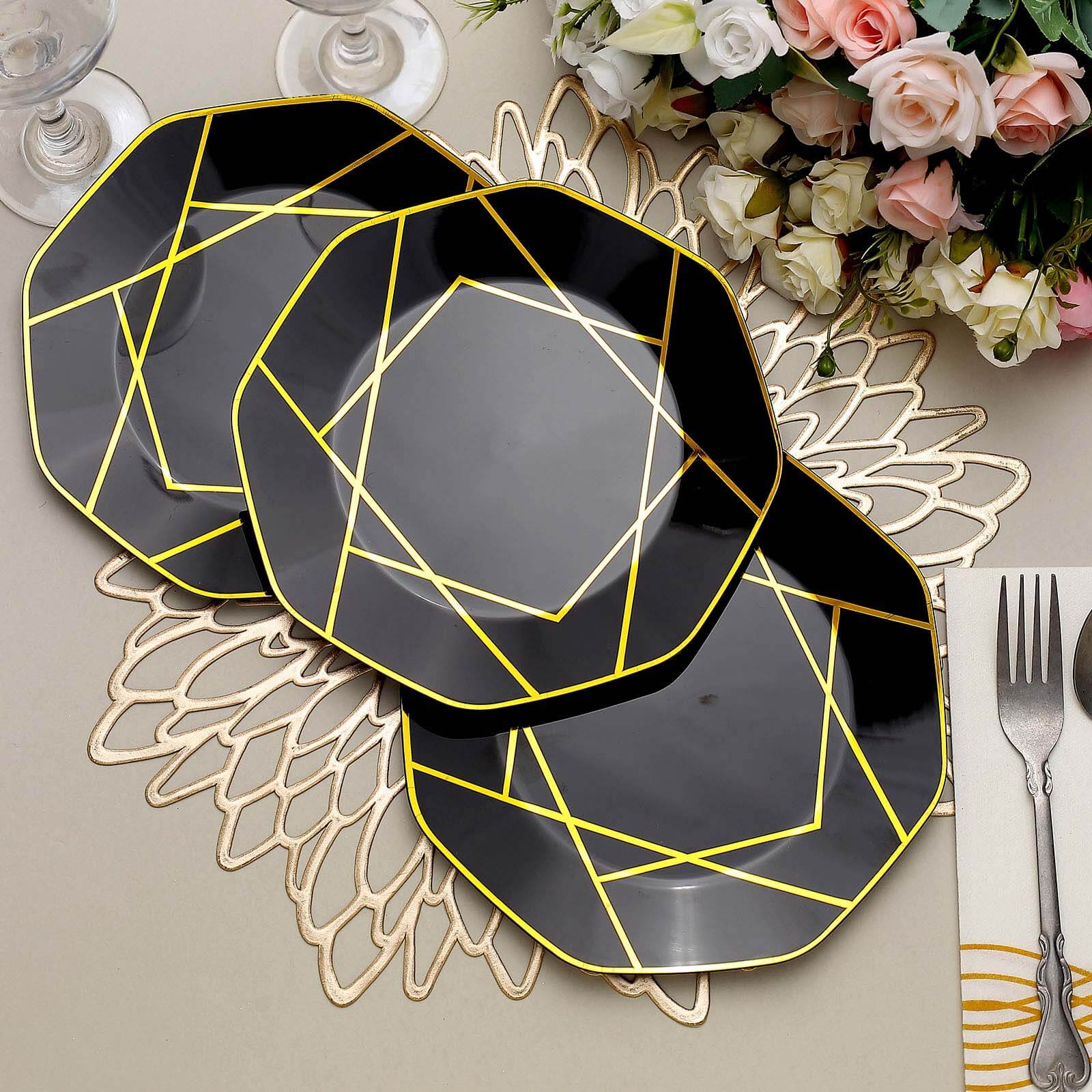 10-Pack Plastic Octagon Dessert Plates 8" Black with Gold Geometric Design - Stylish Disposable Salad/Appetizer Plates - Image 9