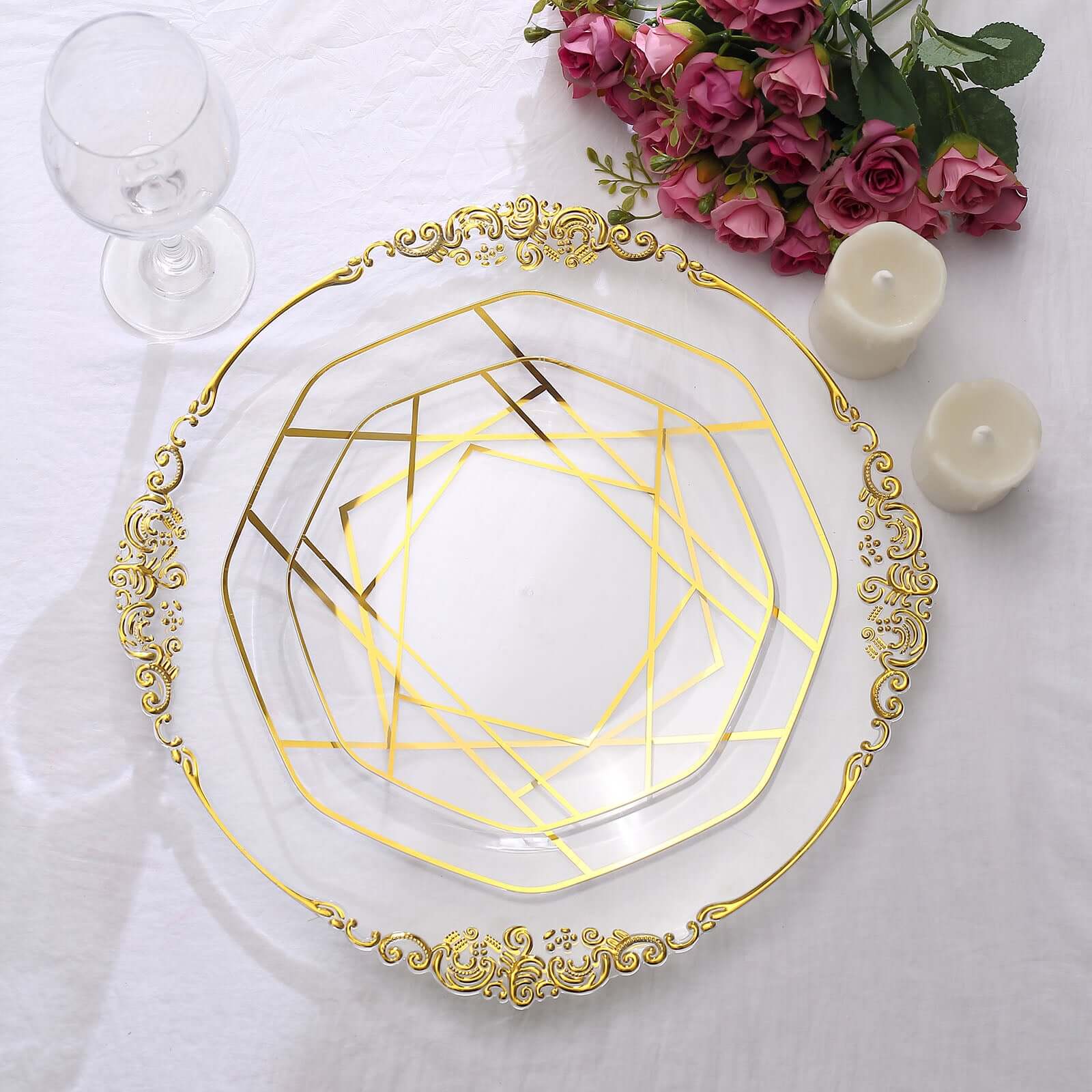 10-Pack Plastic Octagon Dessert Plates 8" Clear with Gold Geometric Design - Stylish Disposable Salad/Appetizer Plates - Image 2