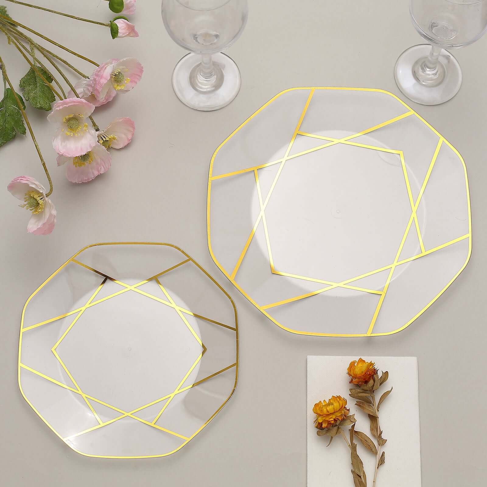 10-Pack Plastic Octagon Dessert Plates 8" Clear with Gold Geometric Design - Stylish Disposable Salad/Appetizer Plates - Image 5