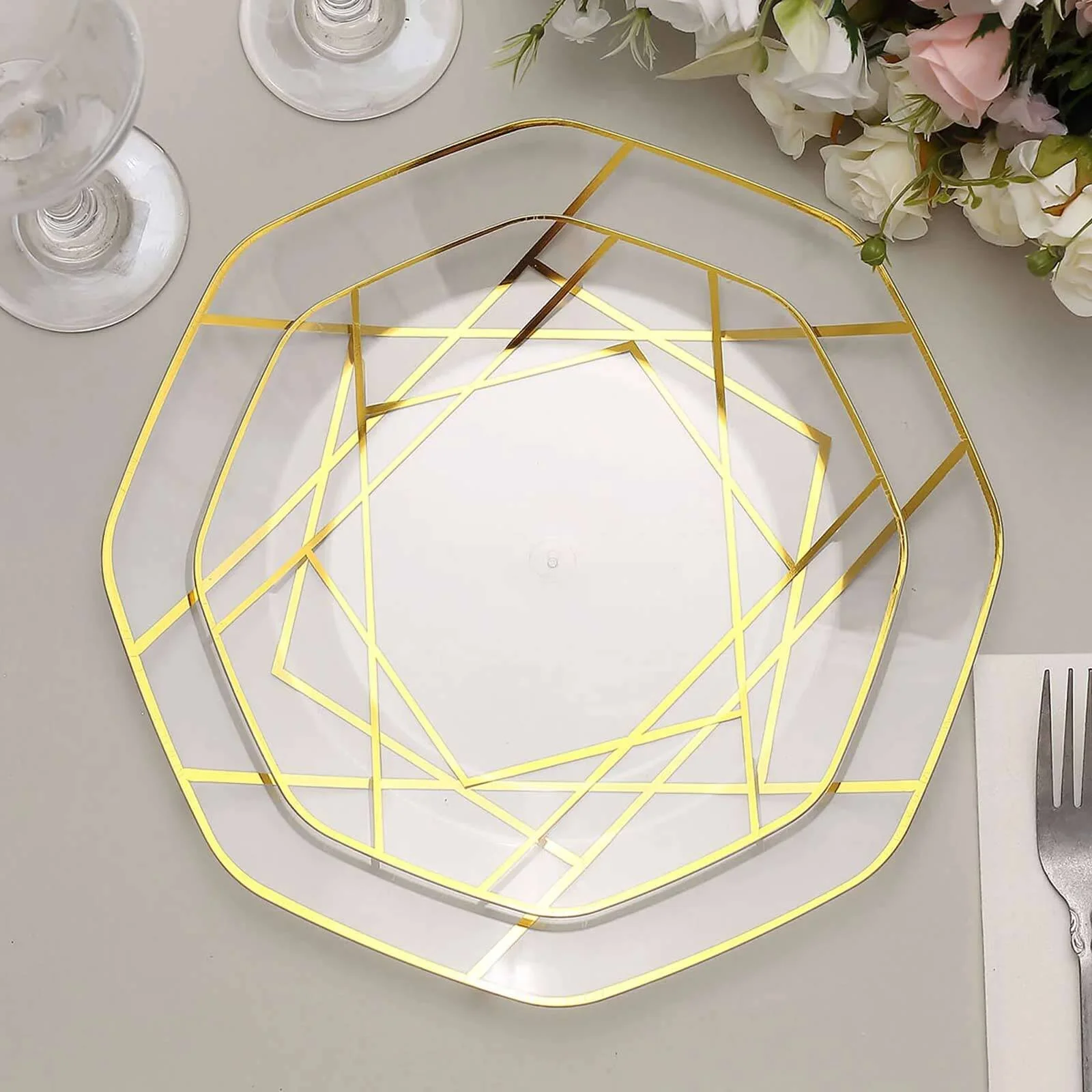 10-Pack Plastic Octagon Dessert Plates 8" Clear with Gold Geometric Design - Stylish Disposable Salad/Appetizer Plates - Image 6