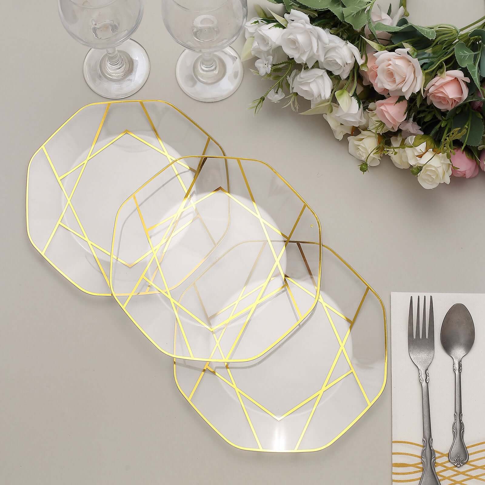 10-Pack Plastic Octagon Dessert Plates 8" Clear with Gold Geometric Design - Stylish Disposable Salad/Appetizer Plates - Image 8