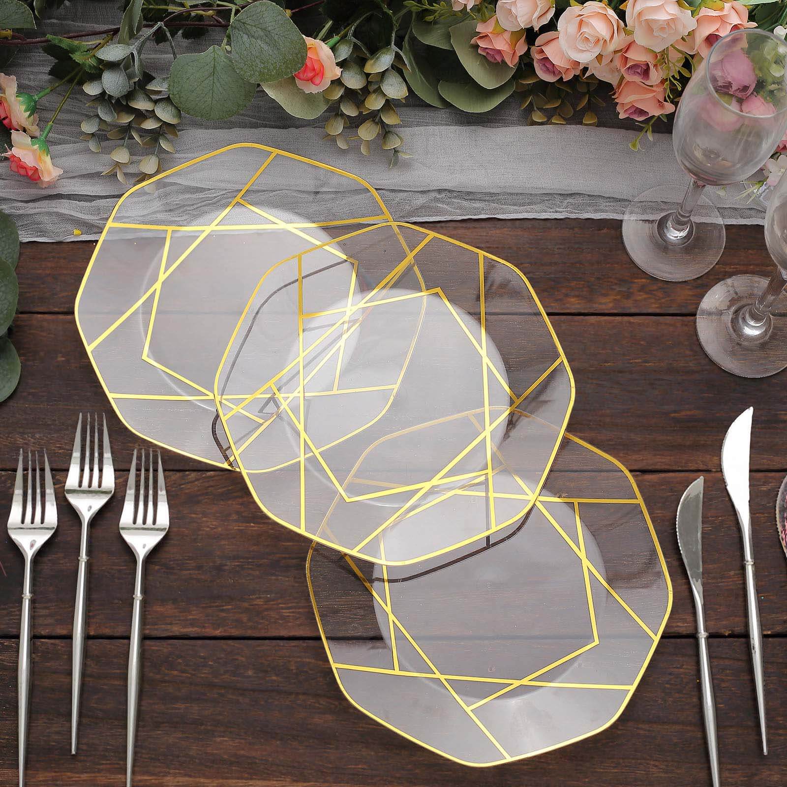 10-Pack Plastic Octagon Dessert Plates 8" Clear with Gold Geometric Design - Stylish Disposable Salad/Appetizer Plates - Image 9