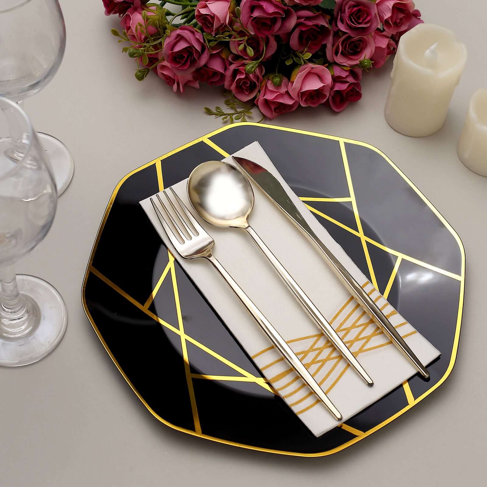10-Pack Plastic Octagon Dinner Plates 10" Black with Gold Geometric Design - Stylish Disposable Party Plates - Image 10