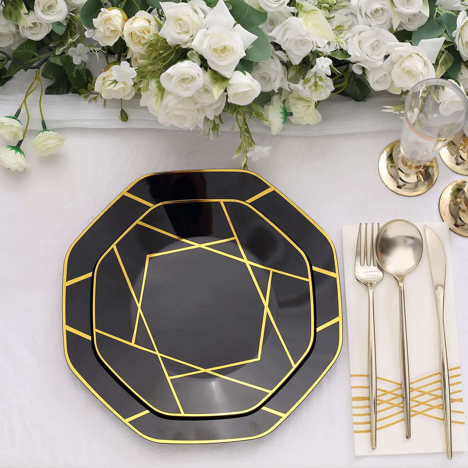 10-Pack Plastic Octagon Dinner Plates 10" Black with Gold Geometric Design - Stylish Disposable Party Plates - Image 11