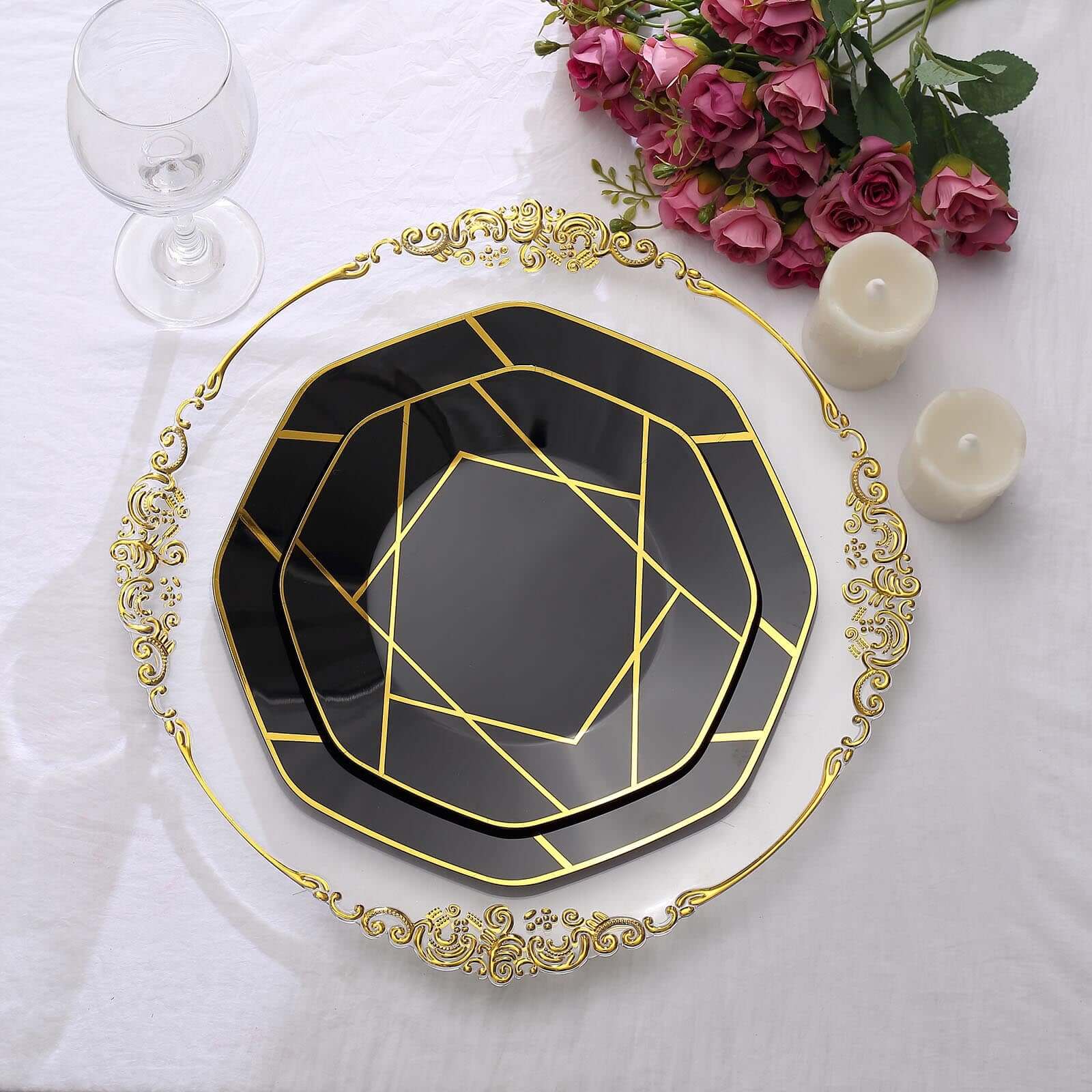 10-Pack Plastic Octagon Dinner Plates 10" Black with Gold Geometric Design - Stylish Disposable Party Plates - Image 2