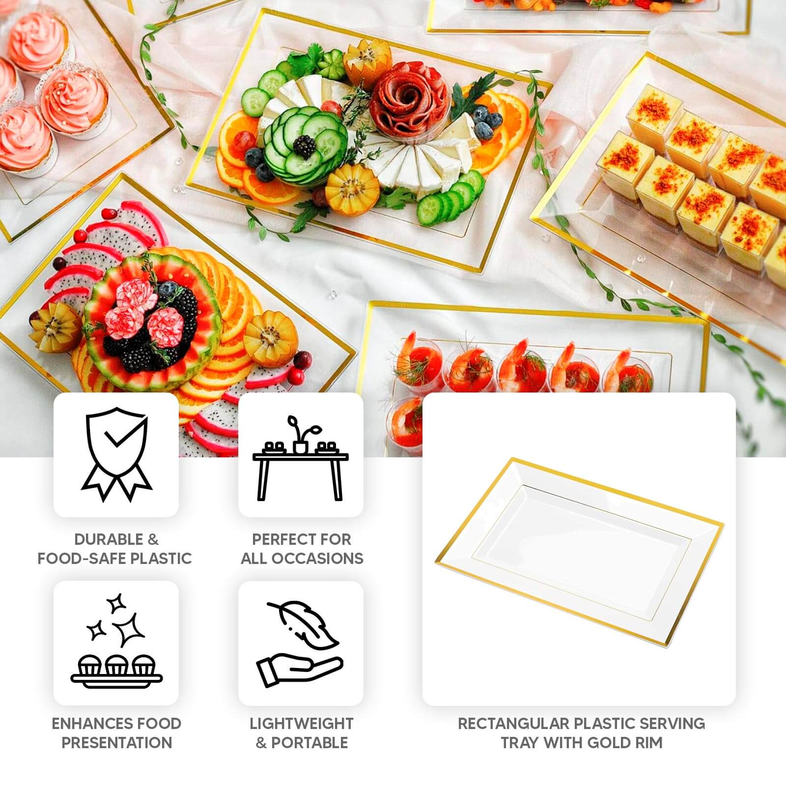 10-Pack Plastic Rectangle Serving Trays 13"x8" Clear with Gold Rim - Classy Disposable Party Platters for Appetizers Pastries Desserts - Image 4