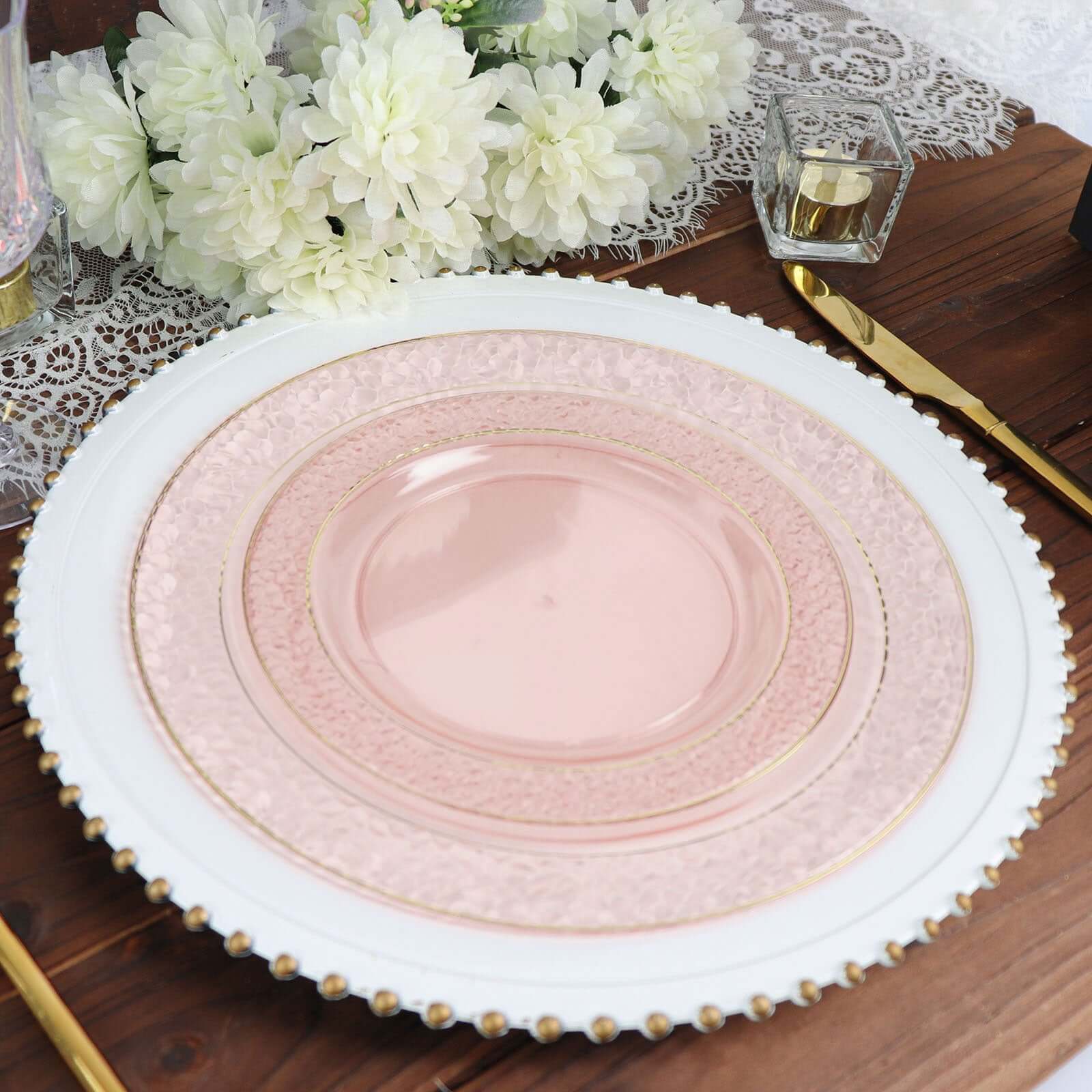 10-Pack Plastic Round Appetizer Plates 7.5" Blush Hammered Design with Gold Rim - Disposable Salad Plates for Stylish Weddings & Celebrations - Image 2