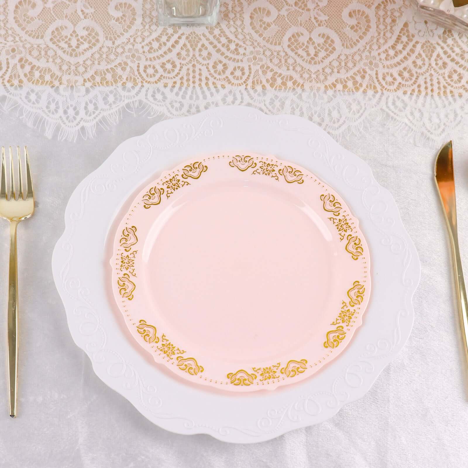 10-Pack Plastic Round Appetizer Plates 7.5" Blush with Gold Embossed Scalloped Edge - Stylish Disposable Salad Plates - Image 2