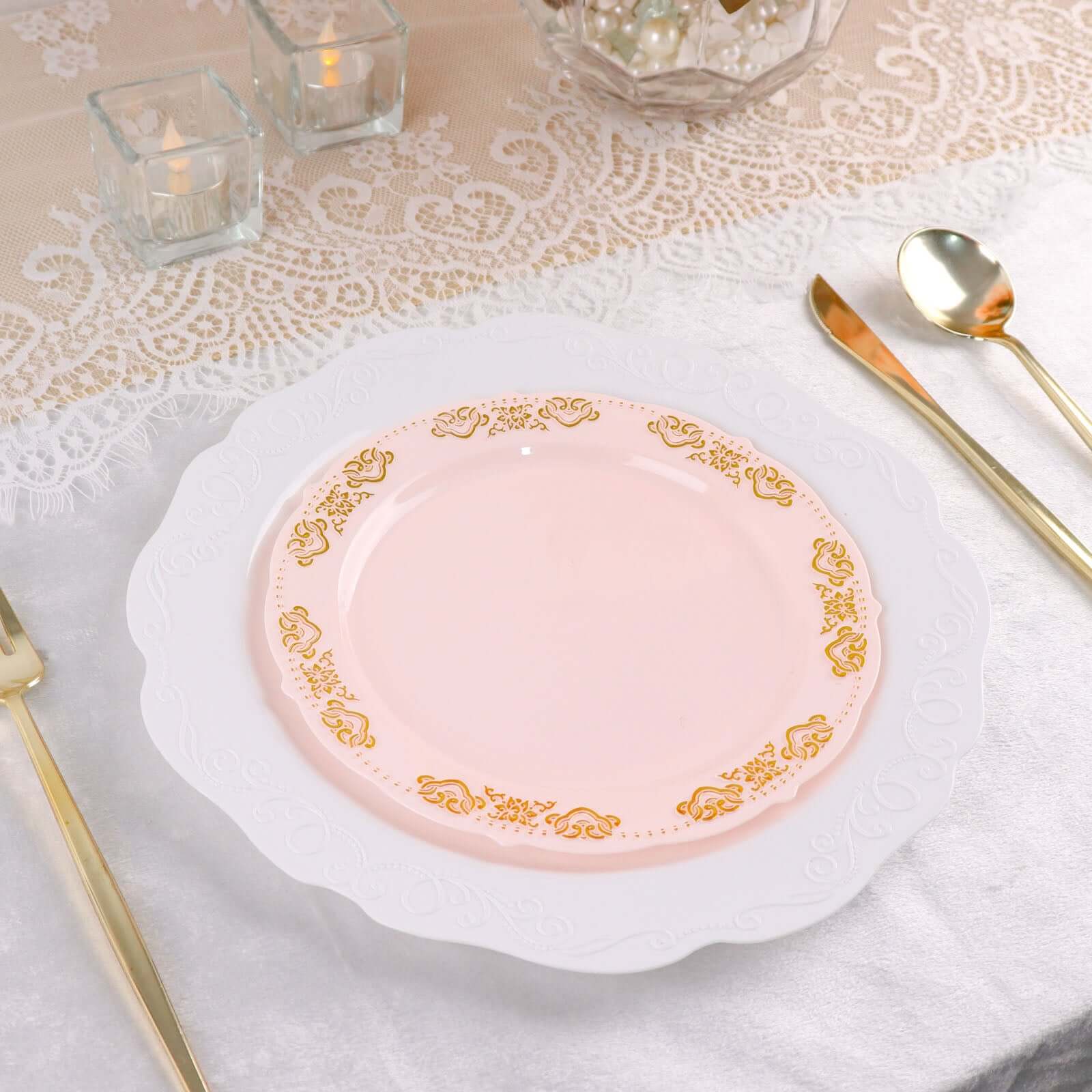 10-Pack Plastic Round Appetizer Plates 7.5" Blush with Gold Embossed Scalloped Edge - Stylish Disposable Salad Plates - Image 9