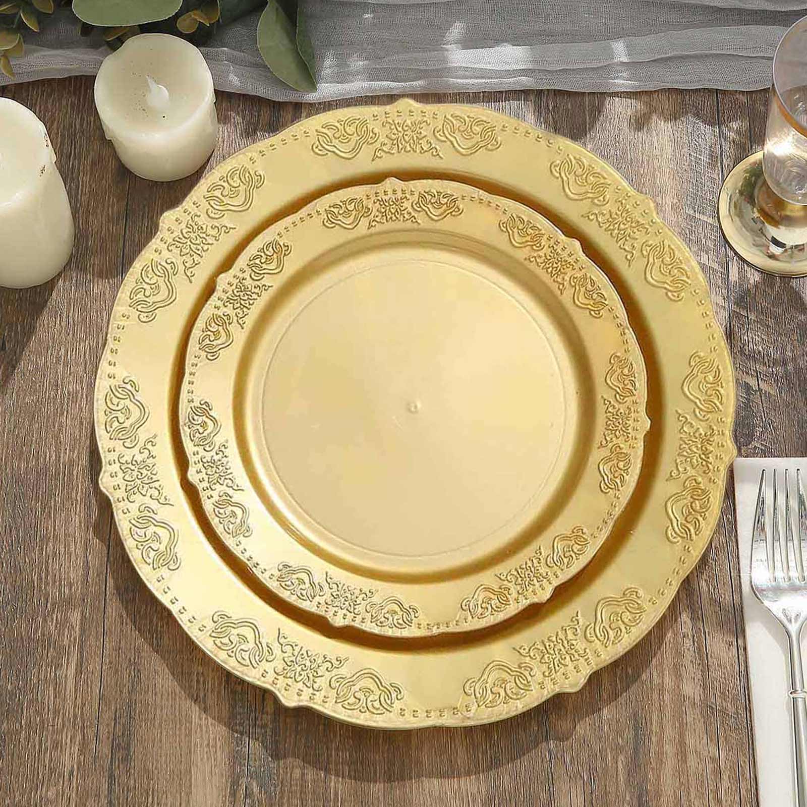 10-Pack Plastic Round Appetizer Plates 7.5" Gold Embossed Scalloped Edge - Stylish Disposable Salad Plates for Weddings & Celebrations - Image 6