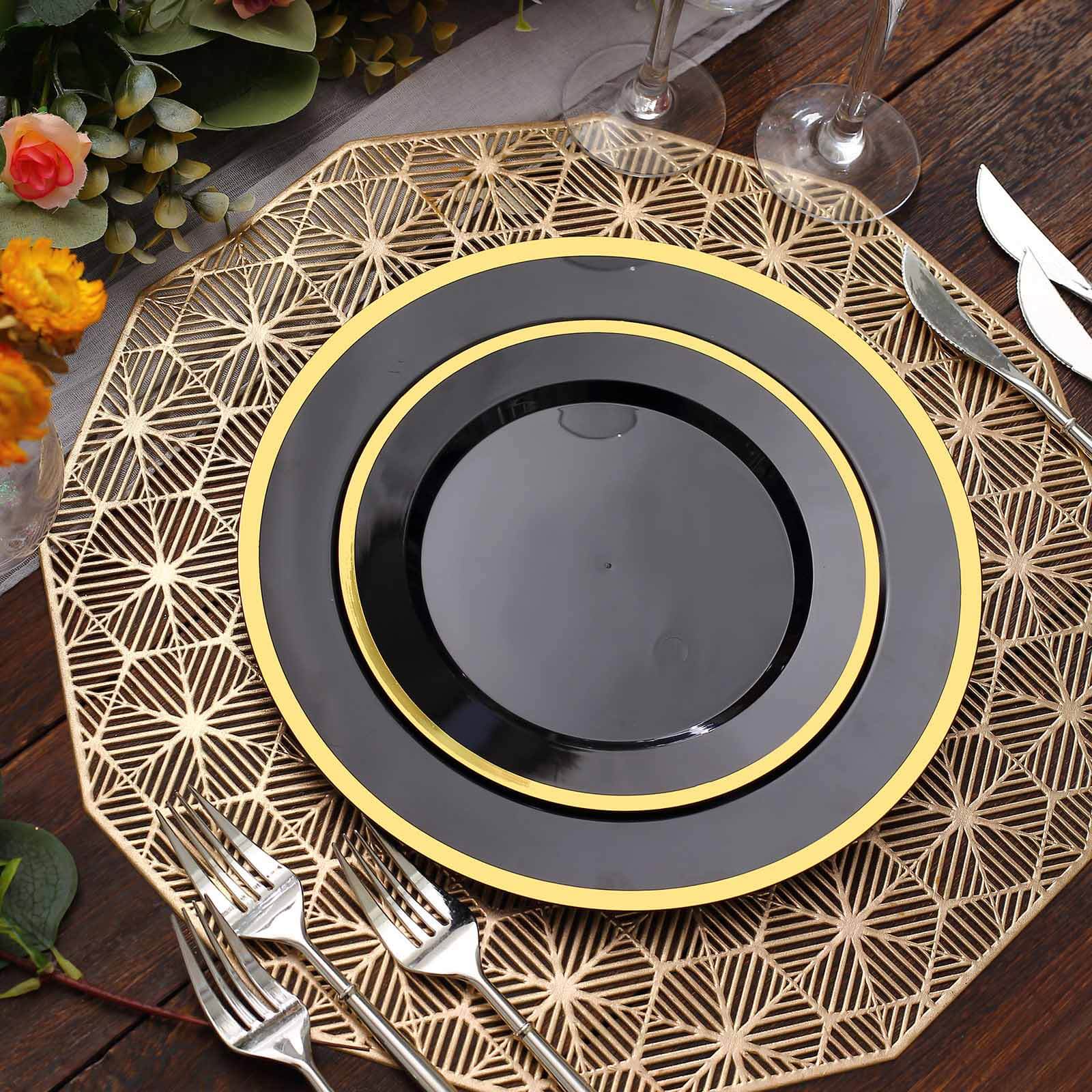 10-Pack Plastic Round Appetizer Plates 7" Black with Gold Rim - Classy Disposable Salad Plates - Image 10